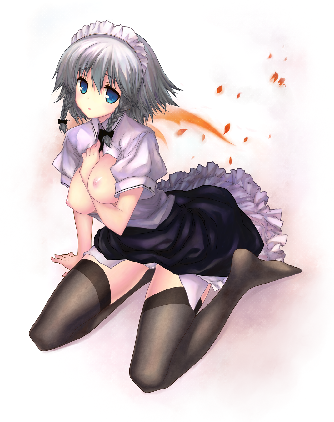 kagutsuchi (artist), kagutsuchi (l'archange), izayoi sakuya, touhou, silver hair, highres, 1girl, blue eyes, braid, breasts, female focus, maid, nipples, short hair, solo, thighhighs, twin braids