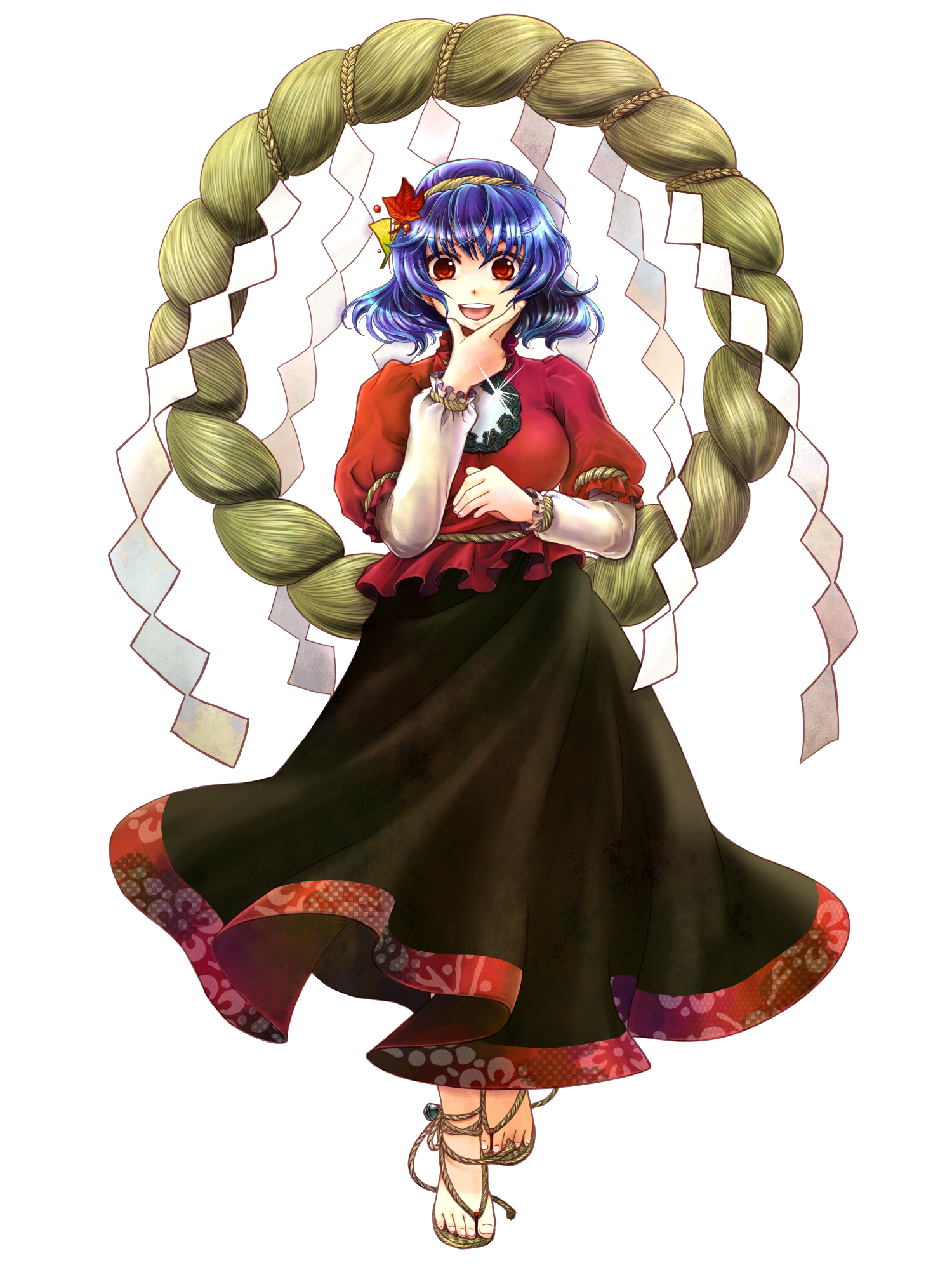 socha, yasaka kanako, touhou, highres, md5 mismatch, 1girl, anklet, bell, blue hair, feet, female focus, full body, hair ornament, jewelry, leaf hair ornament, red eyes, rope, sandals, short hair, solo, standing, transparent background