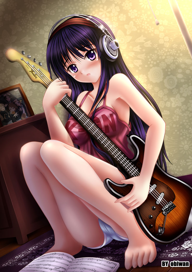 obiwan, akiyama mio, k-on!, 00s, 1girl, :o, akg k-series headphones, bad anatomy, bad feet, barefoot, bass clef, bass guitar, beamed quavers, black eyes, black hair, blunt bangs, blush, cameltoe, feet, female focus, fender (company), fender jazz bass, headphones, hime cut, instrument, long hair, musical note, panties, pantyshot, poorly drawn, sheet music, short shorts, shorts, solo, tank top, treble clef, underwear