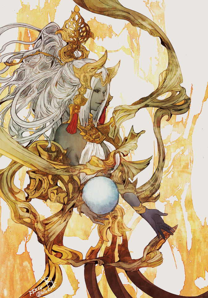 ruka (blueplus84), sophia (final fantasy), final fantasy, final fantasy xiv, commentary request, 1girl, bare shoulders, black eyes, bracelet, breasts, cleavage, closed mouth, colored skin, copyright name, crystal ball, gold, gold bracelet, grey hair, grey skin, headpiece, jewelry, large breasts, long hair, smile, solid eyes, solo, tassel, twitter username