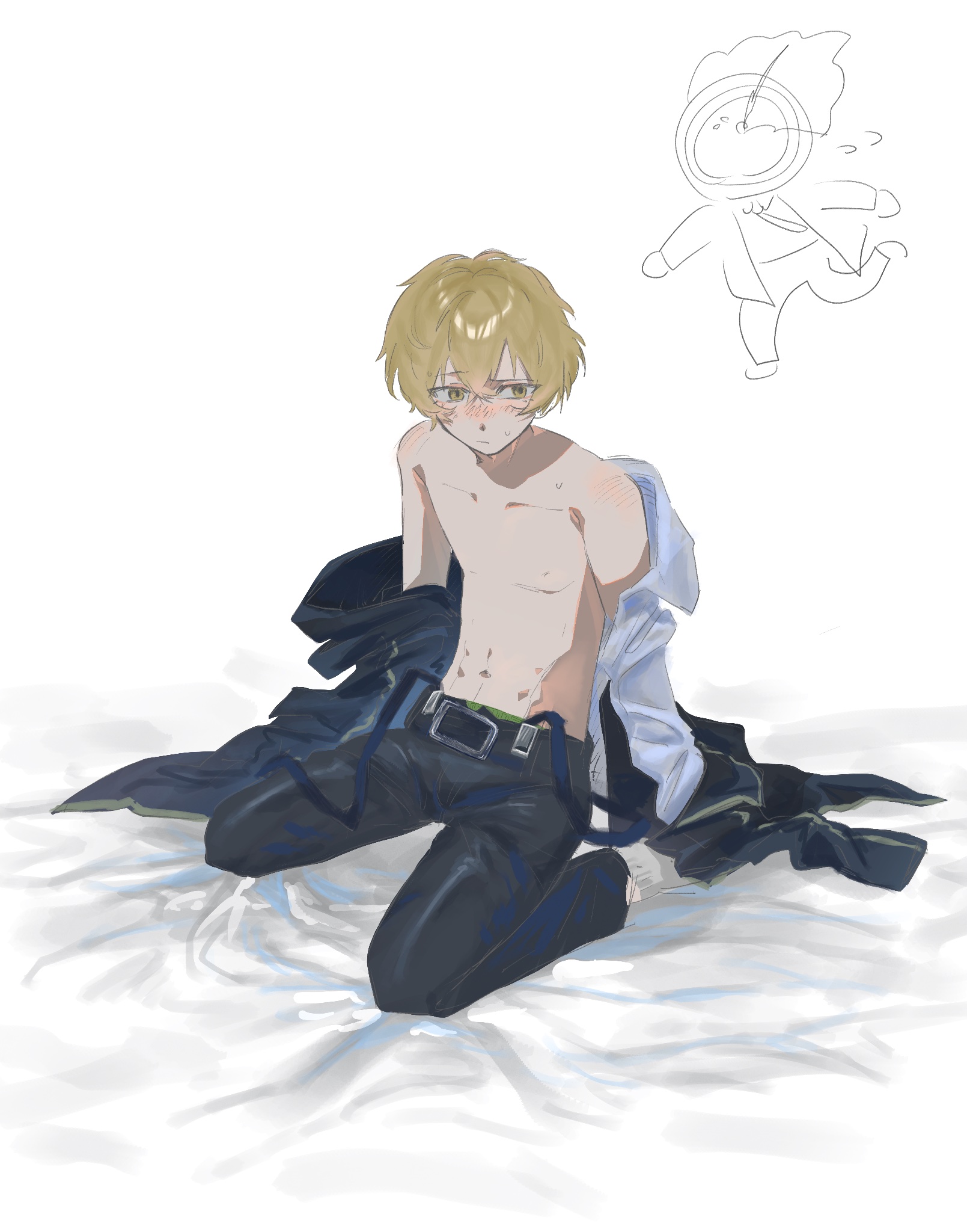 dante (limbus company), sinclair (project moon), limbus company, project moon, highres, 1boy, 1other, belt, bishounen, black coat, blonde hair, blush, coat, full body, heaku pon, male focus, molar boatworks (identity) (project moon), on bed, shirt, short hair, simple background, solo, suspenders, sweat, topless male, white background, white shirt, yellow eyes