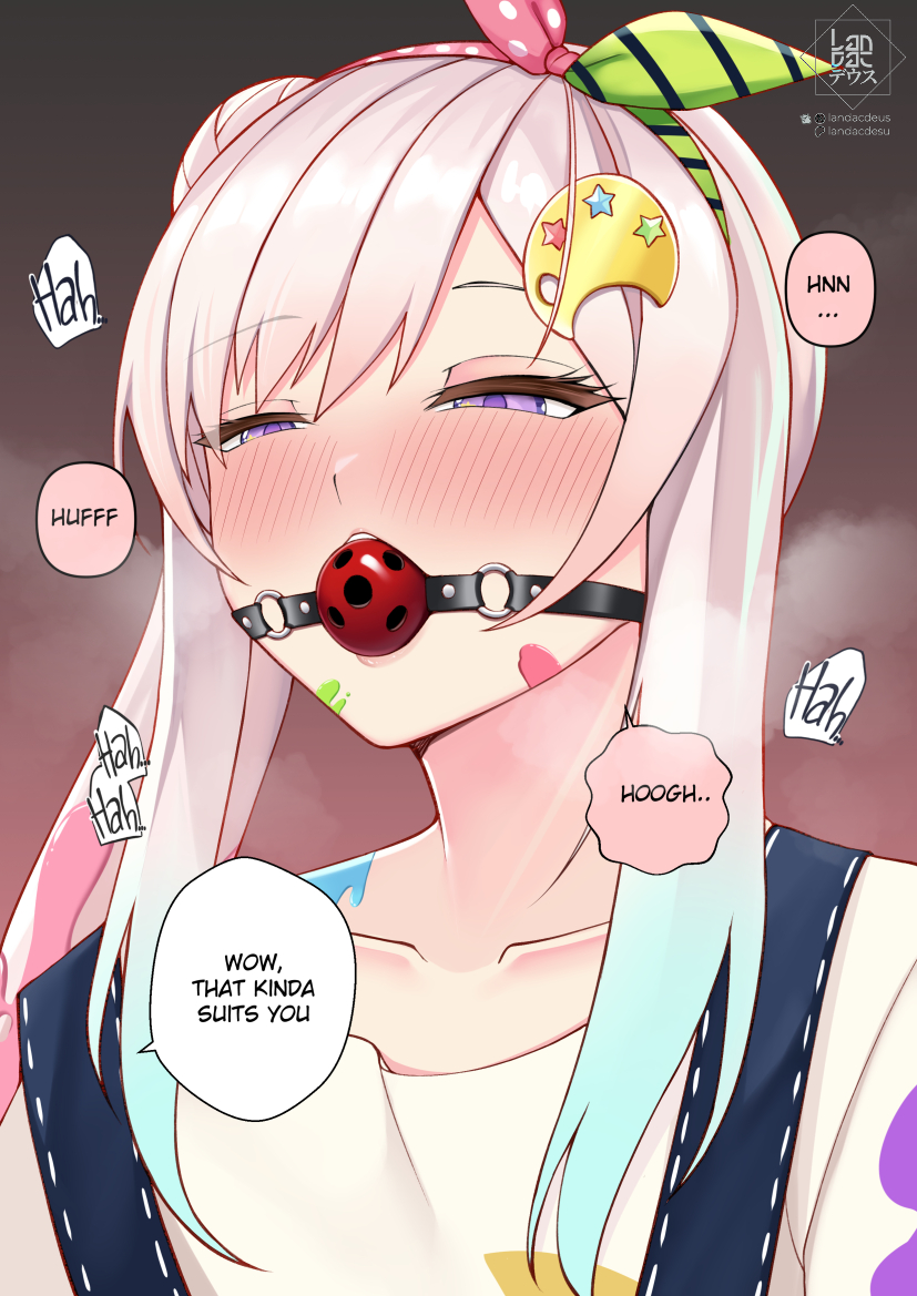 landacdeus, airani iofifteen, airani iofifteen (1st costume), hololive, hololive indonesia, paid reward available, 1girl, artist logo, ball gag, ball gag progress bar (meme), blue overalls, blush, collarbone, english text, gag, gradient hair, green ribbon, hair bun, hair ribbon, logo, long hair, meme, multicolored hair, multicolored ribbon, overalls, paint splatter, paint splatter on face, palette hair ornament, pink hair, pink ribbon, polka dot, polka dot ribbon, purple eyes, ribbon, solo, speech bubble, striped ribbon, upper body, virtual youtuber