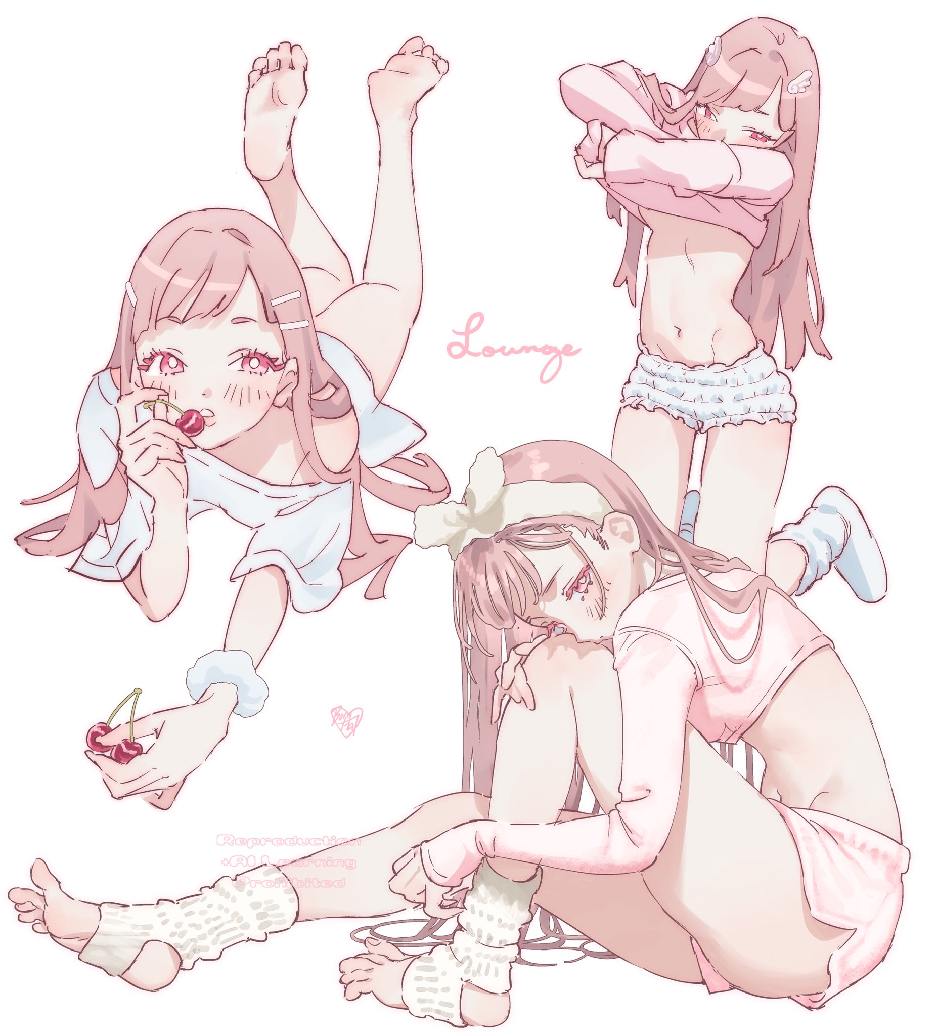 bomhat, highres, tagme, 1girl, ass, barefoot, bottomless, breasts, cherry, clothes lift, feet, feet up, food, fruit, hair ornament, hairclip, holding, holding food, knee up, lifting own clothes, long hair, multiple views, navel, pink eyes, pink hair, simple background, sitting, soles, stirrup footwear, thighs, toeless legwear, toes, underboob, white background, white hair