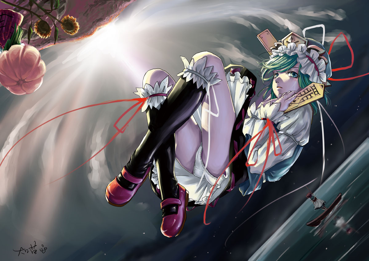 hikarumiao, kazami yuuka, onozuka komachi, shiki eiki, touhou, 3girls, blue eyes, boat, female focus, fetal position, floating, flower, gradient background, green hair, hat, long hair, mary janes, multiple girls, nature, outdoors, panties, parasol, plaid clothes, plaid skirt, plant, reflection, river, rod of remorse, shoes, short hair, skirt, sky, socks, stick, sunflower, umbrella, underwear, watercraft