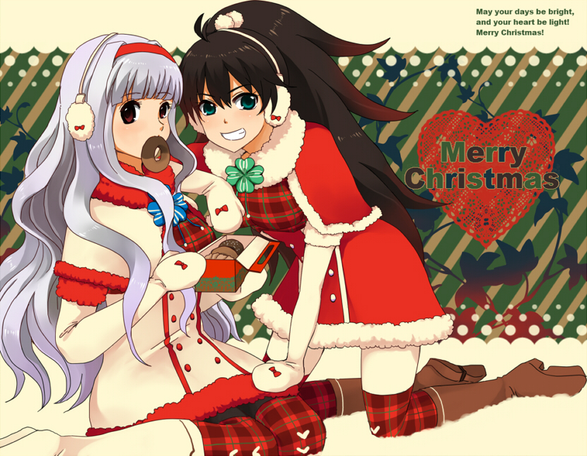 masaki (celesta), ganaha hibiki, shijou takane, idolmaster, idolmaster (classic), silver hair, bad id, bad pixiv id, 00s, 2girls, black hair, blue eyes, boots, capelet, christmas, donut, earmuffs, elbow gloves, food, gloves, long hair, looking at viewer, mittens, multiple girls, pantyhose, ponytail, red eyes, santa costume, thighhighs, zettai ryouiki