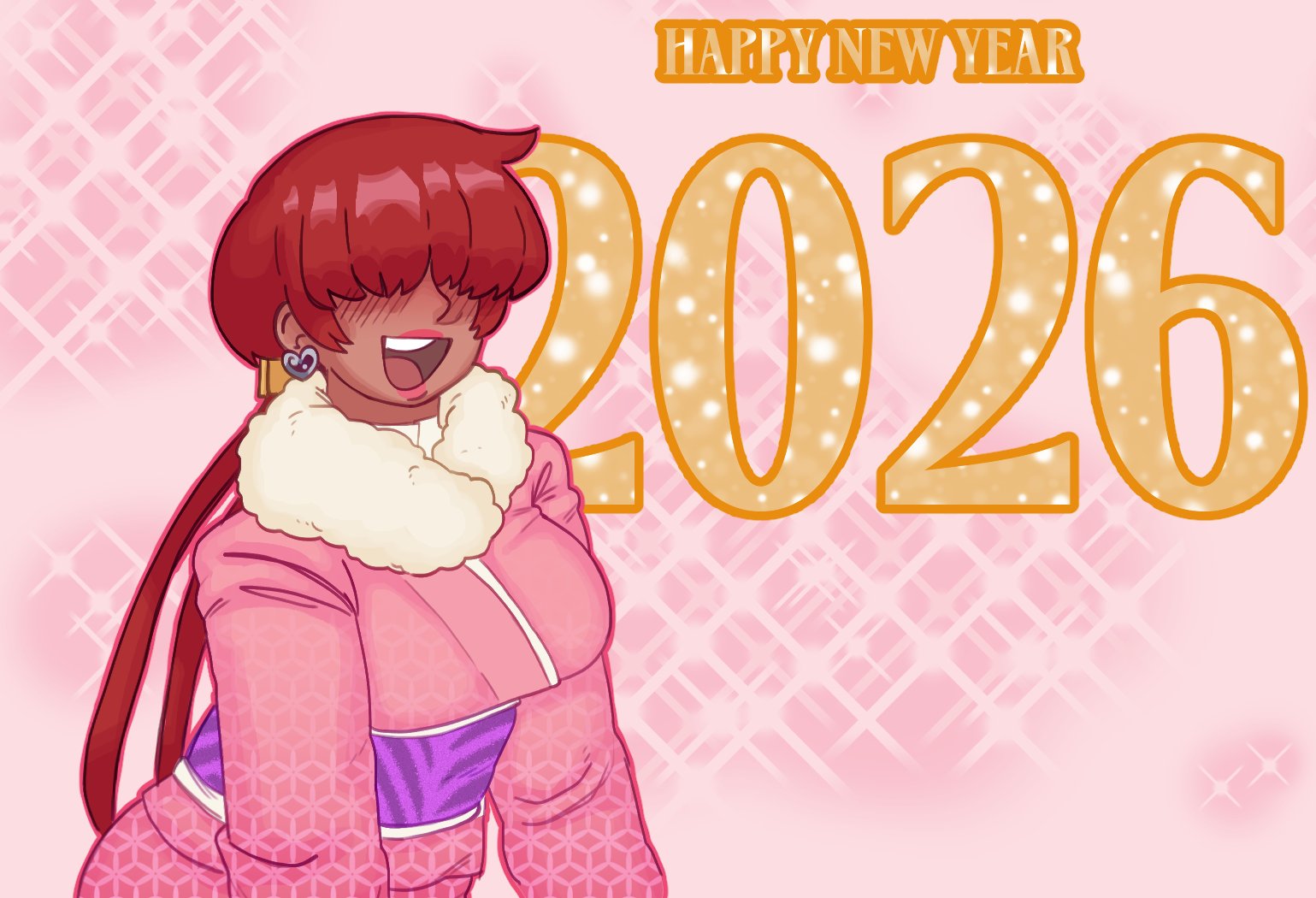1shermieaday, shermie (kof), the king of fighters, 1girl, breasts, coat, dark-skinned female, dark skin, dress, earrings, heart, huge breasts, jewelry, large breasts, long hair, long sleeves, marellartt, red hair, smile, smiley face, tan, twintails