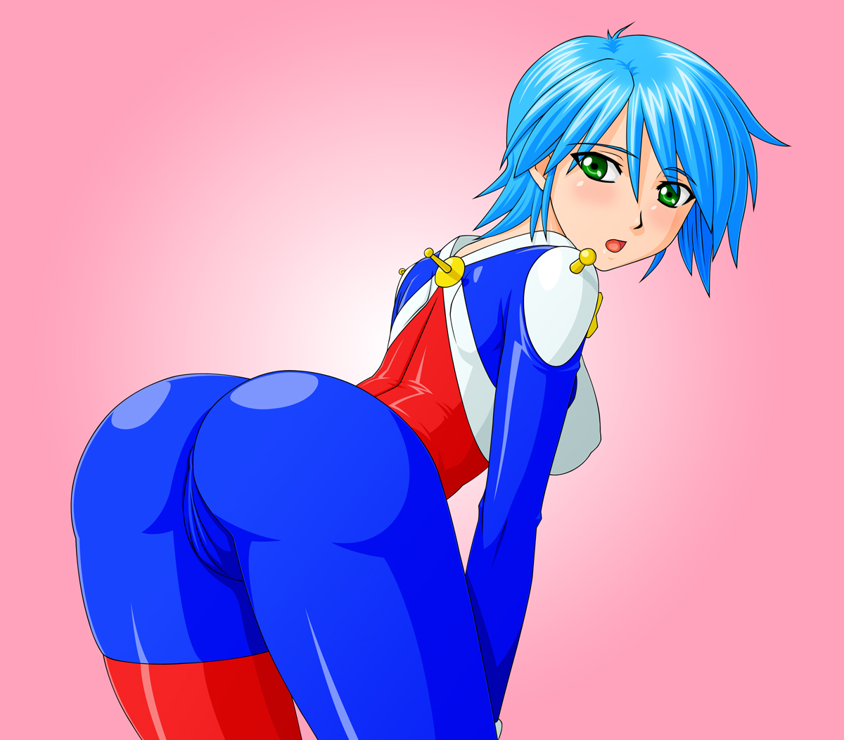 makani kohitujito, allenby beardsley, g gundam, gundam, bad id, bad pixiv id, 1990s (style), 1girl, ass, bent over, blue hair, blush, bodysuit, cameltoe, female focus, green eyes, latex, leaning forward, mecha pilot suit, mobile trace suit, open mouth, retro artstyle, short hair, skin tight, solo