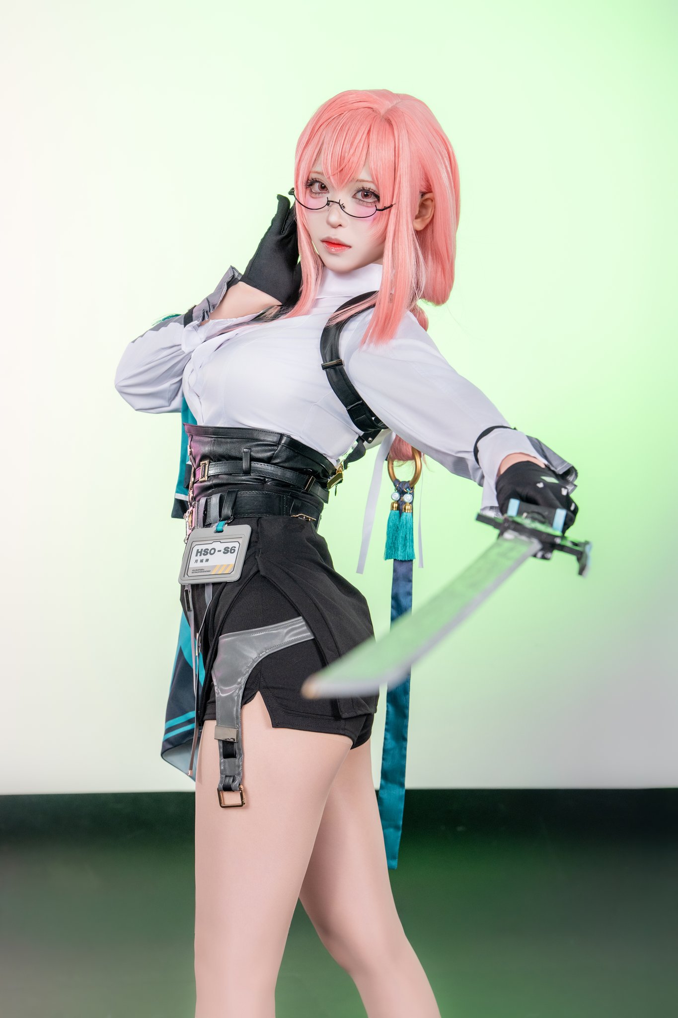 siru 0207, tsukishiro yanagi, real life, zenless zone zero, commentary request, cosplay photo, highres, photo (medium), 1girl, 2025, aiming, aiming at viewer, armor, ass, bare legs, black gloves, blurry, blurry foreground, breasts, closed mouth, cosplay, cowboy shot, crossed bangs, depth of field, dress shirt, earpiece, foreshortening, full body, glasses, gloves, hair between eyes, half gloves, hand on own chest, head tilt, high-waist skirt, high heels, holding, holding notepad, holding polearm, holding weapon, id card, japanese (nationality), large breasts, legs apart, long hair, long legs, looking at viewer, looking to the side, multiple views, naginata, notepad, pencil skirt, pink hair, pink lips, polearm, red eyes, ring hair ornament, shirt, shirt tucked in, shoulder armor, side slit, skirt, teeth, weapon, white shirt