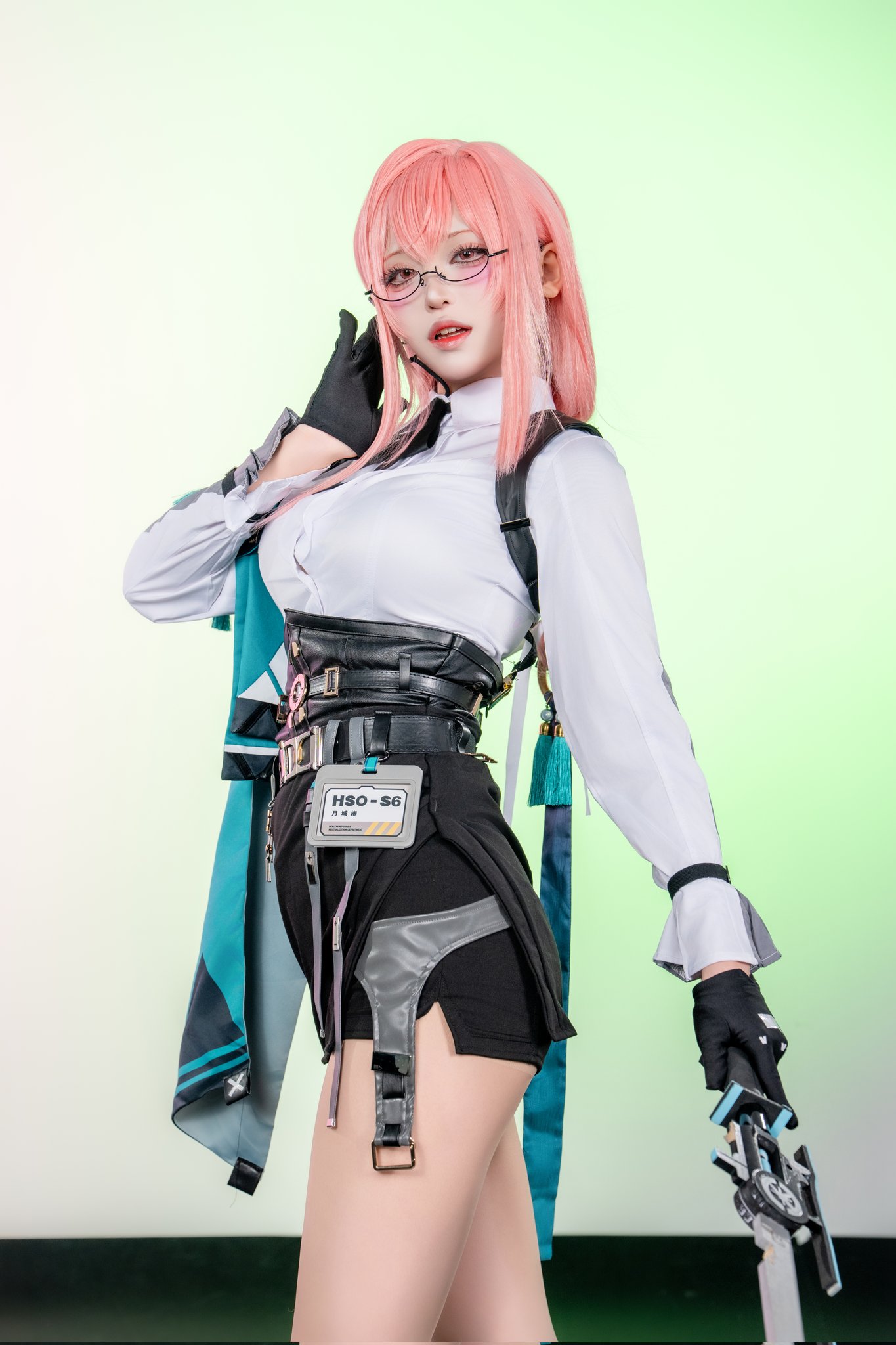 siru 0207, tsukishiro yanagi, real life, zenless zone zero, commentary request, cosplay photo, highres, photo (medium), 1girl, 2025, armor, ass, bare legs, black gloves, breasts, closed mouth, cosplay, cowboy shot, crossed bangs, dress shirt, earpiece, full body, glasses, gloves, hair between eyes, half gloves, hand on own chest, head tilt, high-waist skirt, high heels, holding, holding notepad, holding sword, holding weapon, id card, japanese (nationality), large breasts, long hair, long legs, looking at viewer, looking to the side, multiple views, naginata, notepad, open mouth, parted lips, pencil skirt, pink hair, polearm, red eyes, ring hair ornament, shirt, shirt tucked in, shoulder armor, side slit, skirt, sword, teeth, weapon, white shirt