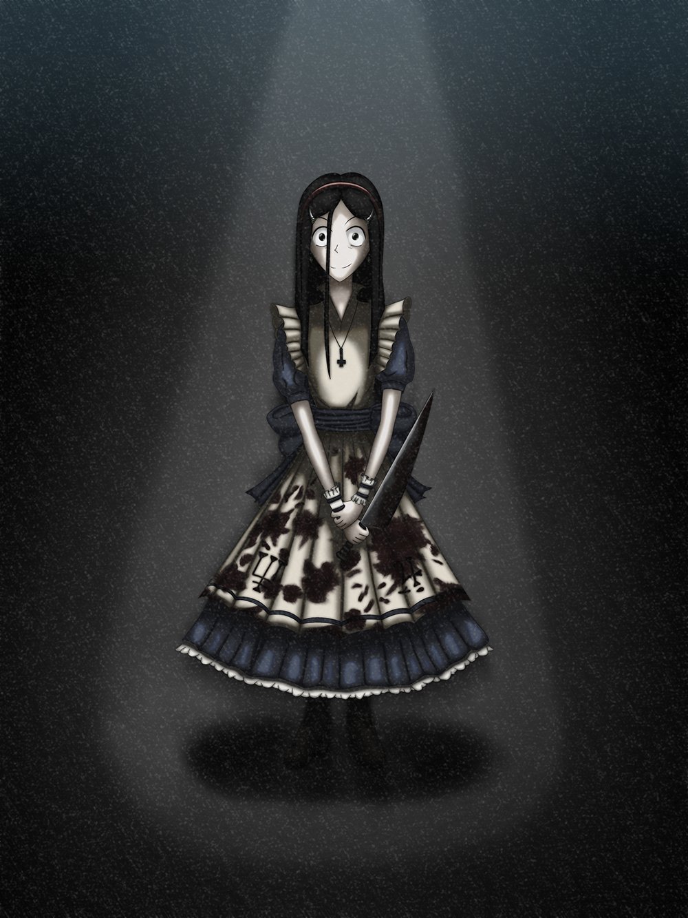 alice (alice in wonderland), alice liddell (american mcgee's alice), alice's adventures in wonderland, american mcgee's alice, highres, blood, crazy eyes, knife, long hair, smile, solo
