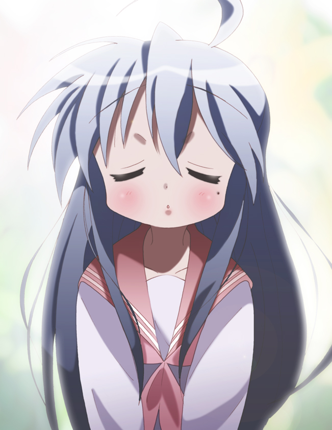 yamasaki wataru, izumi konata, lucky star, 00s, 1girl, ahoge, blue hair, blush, closed eyes, female focus, gradient background, incoming kiss, kiss, long hair, mole, mole under eye, school uniform, serafuku, solo, very long hair