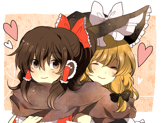 komine, hakurei reimu, kirisame marisa, perfect cherry blossom, touhou, bad id, bad pixiv id, 2girls, blonde hair, blush, bow, brown eyes, brown hair, closed eyes, female focus, hair bow, hat, heart, japanese clothes, miko, multiple girls, scarf, shared clothes, shared scarf, smile, yuri