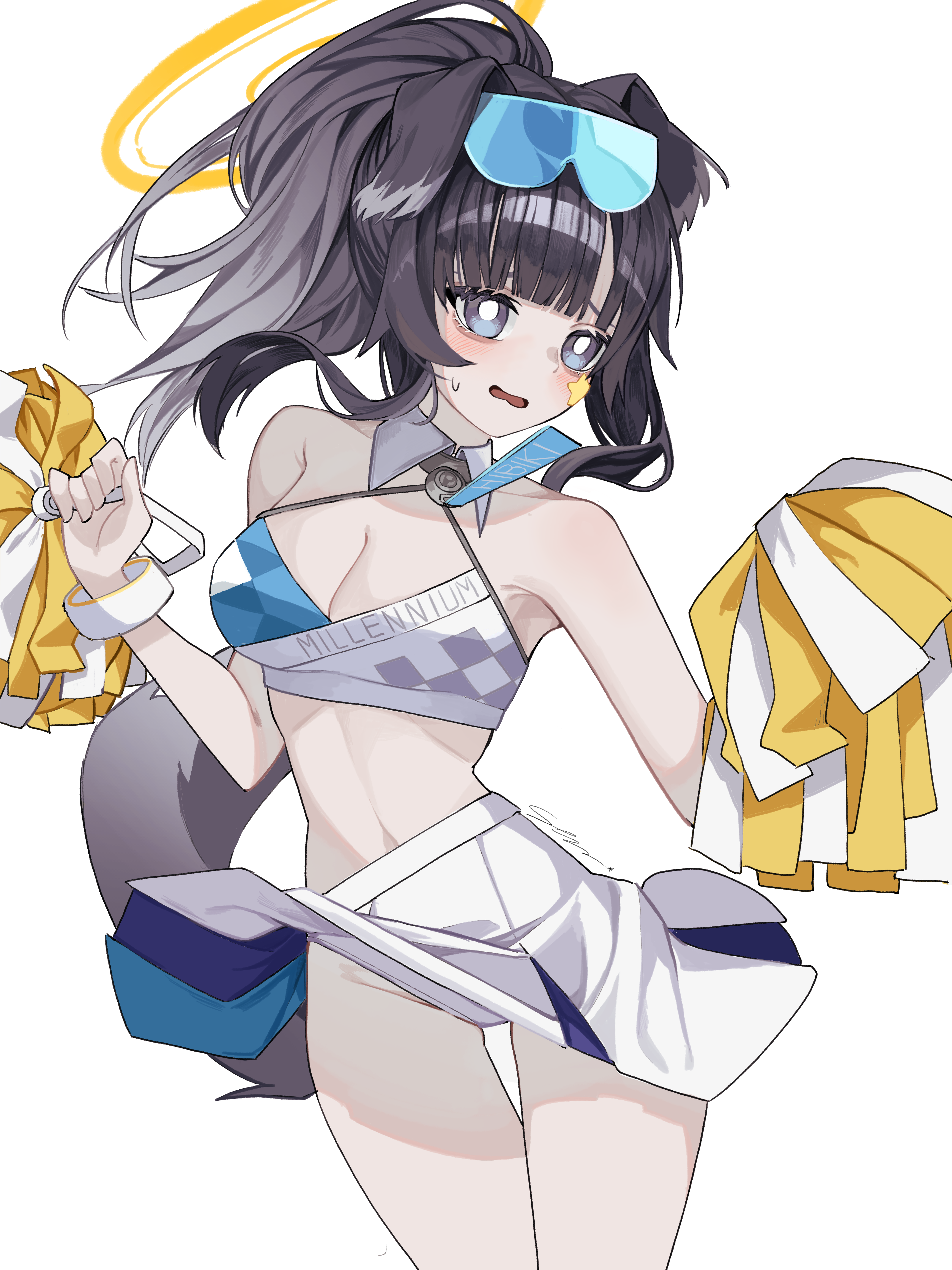 hibiki (blue archive), hibiki (cheer squad) (blue archive), blue archive, absurdres, commentary request, highres, korean commentary, 1girl, animal ears, black hair, blue eyes, blush, breasts, cheerleader, dog ears, dog girl, dog tail, goggles, goggles on head, halo, holding, holding pom poms, long hair, looking at viewer, millennium cheerleader outfit (blue archive), official alternate costume, open mouth, panties, pom pom (cheerleading), pom poms, simple background, skirt, solo, star (symbol), star sticker, starain 1202, sticker, sticker on face, tail, underwear, upskirt, white background, white panties, yellow halo
