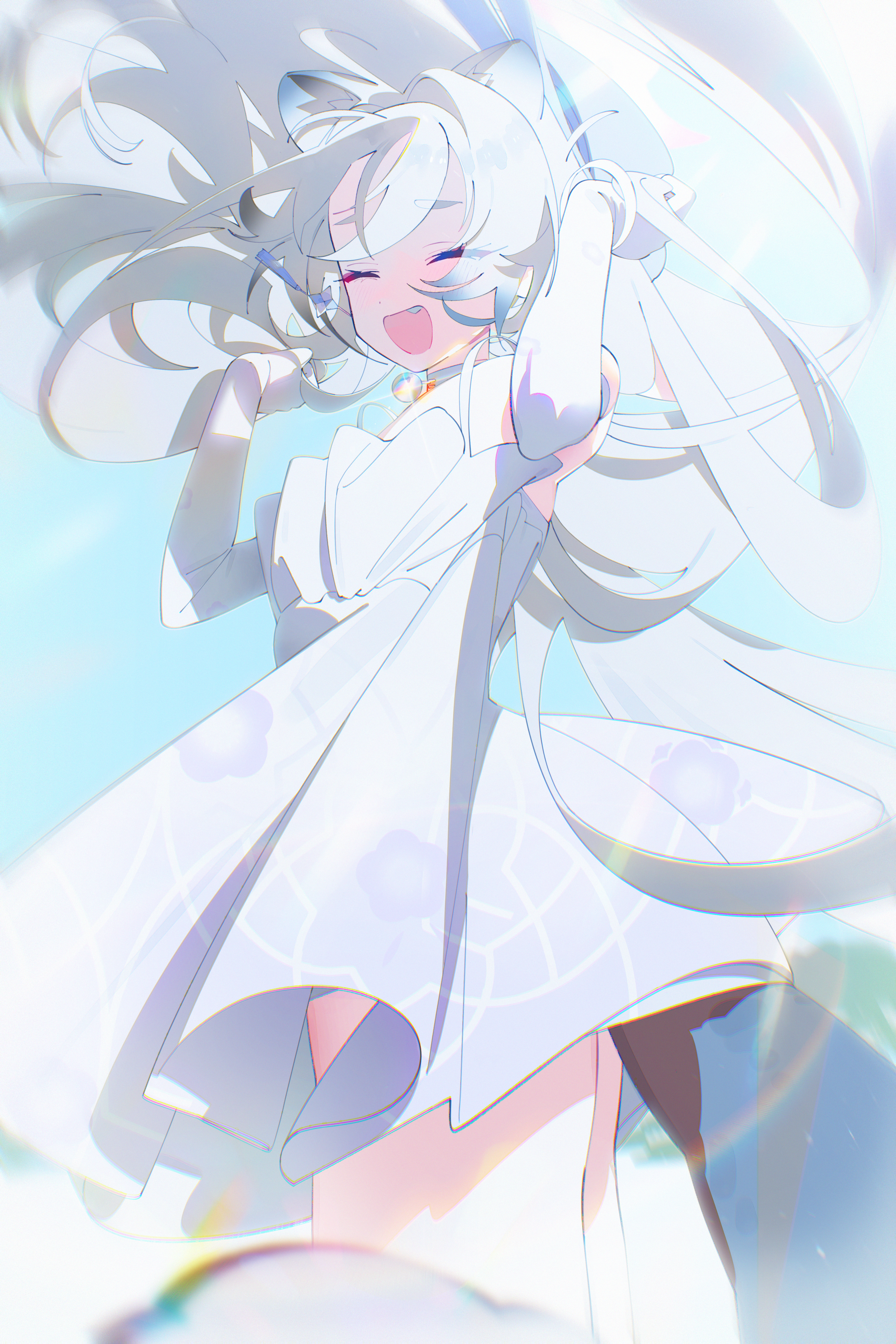 bm tol, michiru (blue archive), michiru (dress) (blue archive), blue archive, absurdres, commentary, highres, symbol-only commentary, 1girl, animal ears, blurry, blurry foreground, closed eyes, cowboy shot, dress, elbow gloves, facing viewer, gloves, grey hair, hands on own head, hands up, hat, long hair, open mouth, outdoors, smile, solo, white dress, white gloves, white hat