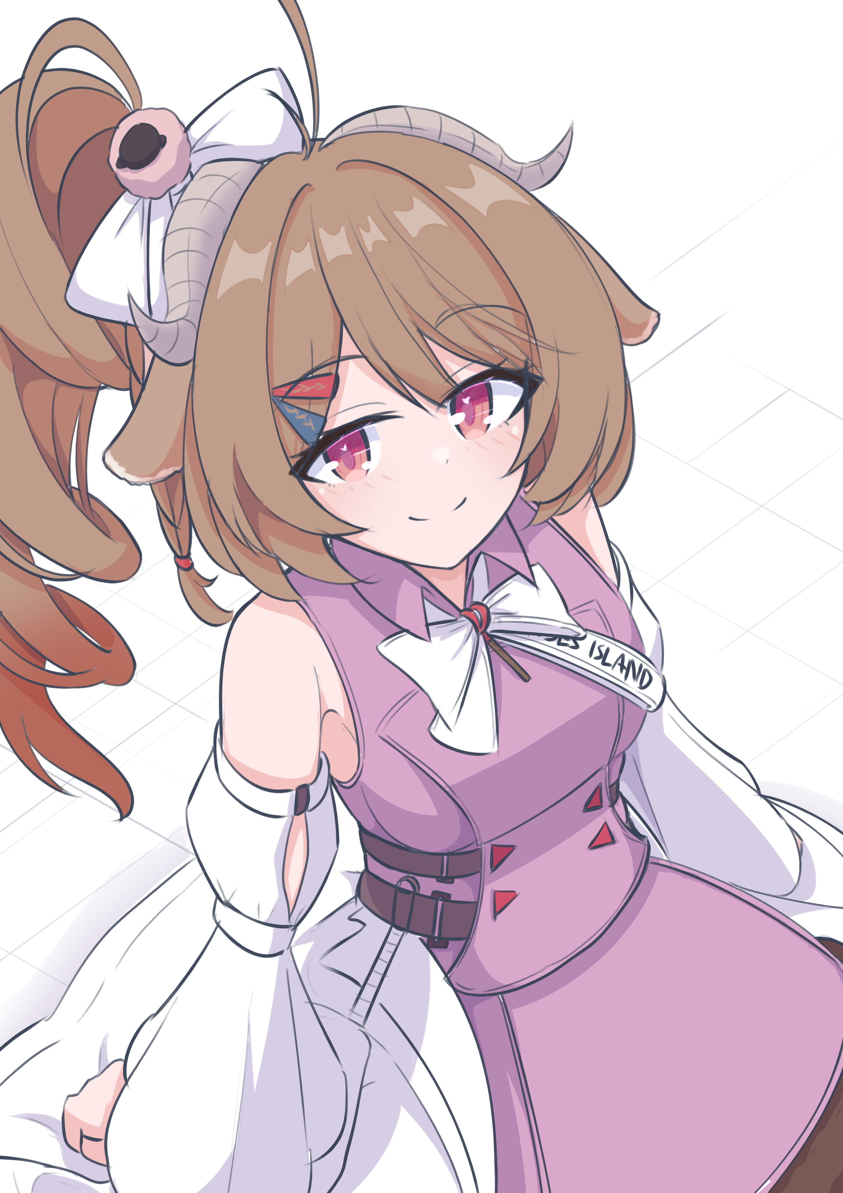 risu (risu028), eyjafjalla (arknights), arknights, arknights: endfield, absurdres, commentary, highres, 1girl, animal ears, ardelia (arknights), bare shoulders, bow, brown hair, closed mouth, clothes writing, curled horns, detached sleeves, grey horns, hair bow, hair ornament, hairclip, horns, light blush, long hair, long sleeves, looking at viewer, pink eyes, sheep ears, sheep girl, sheep horns, smile, solo, split mouth, white background, white bow, white sleeves