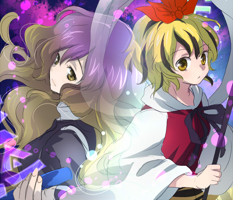 machiko (beard), hijiri byakuren, toramaru shou, touhou, 2girls, blush, brown eyes, brown hair, cape, dress, female focus, gradient hair, long hair, long sleeves, looking at viewer, multicolored hair, multiple girls, purple hair, red dress, ribbon, see-through clothes, shawl, short hair, smile, sorcerer's sutra scroll, tareme, upper body, very long hair, wavy hair