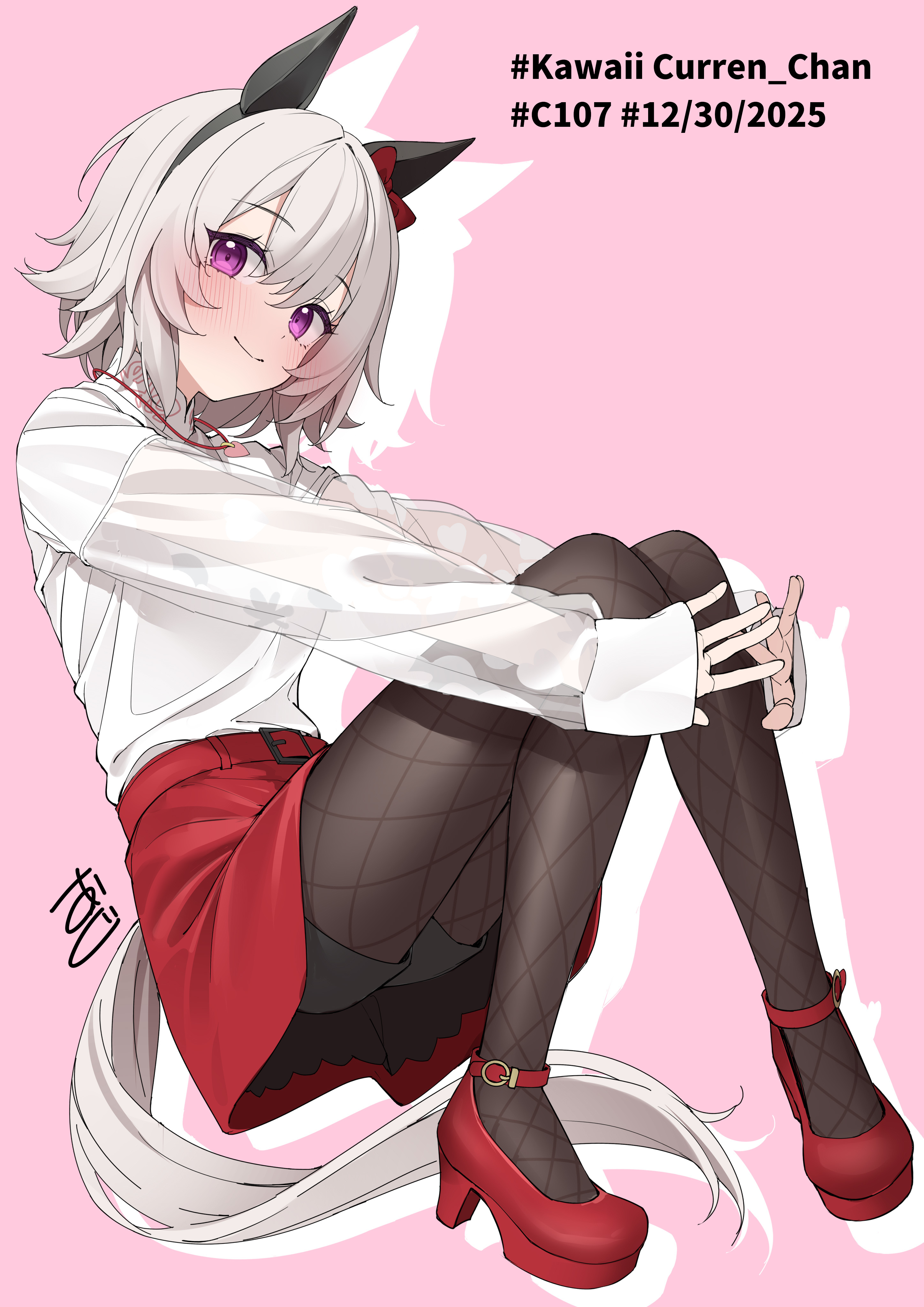 kawai ritsu (rits meg), curren chan (casual) (umamusume), curren chan (umamusume), umamusume, absurdres, commentary request, highres, 1girl, animal ears, ankle strap, black pantyhose, black shorts, blush, bow, breasts, ear bow, ear covers, fishnet pantyhose, fishnets, grey hair, hair between eyes, heart, heart necklace, high heels, horse ears, horse girl, horse tail, jewelry, long sleeves, looking at viewer, miniskirt, necklace, pantyhose, pantyhose under shorts, pumps, purple eyes, red bow, red shoes, red skirt, shirt, shoes, short hair, short shorts, shorts, shorts under skirt, simple background, single ear cover, skirt, smile, solo, sweater, tail, upskirt, white sweater