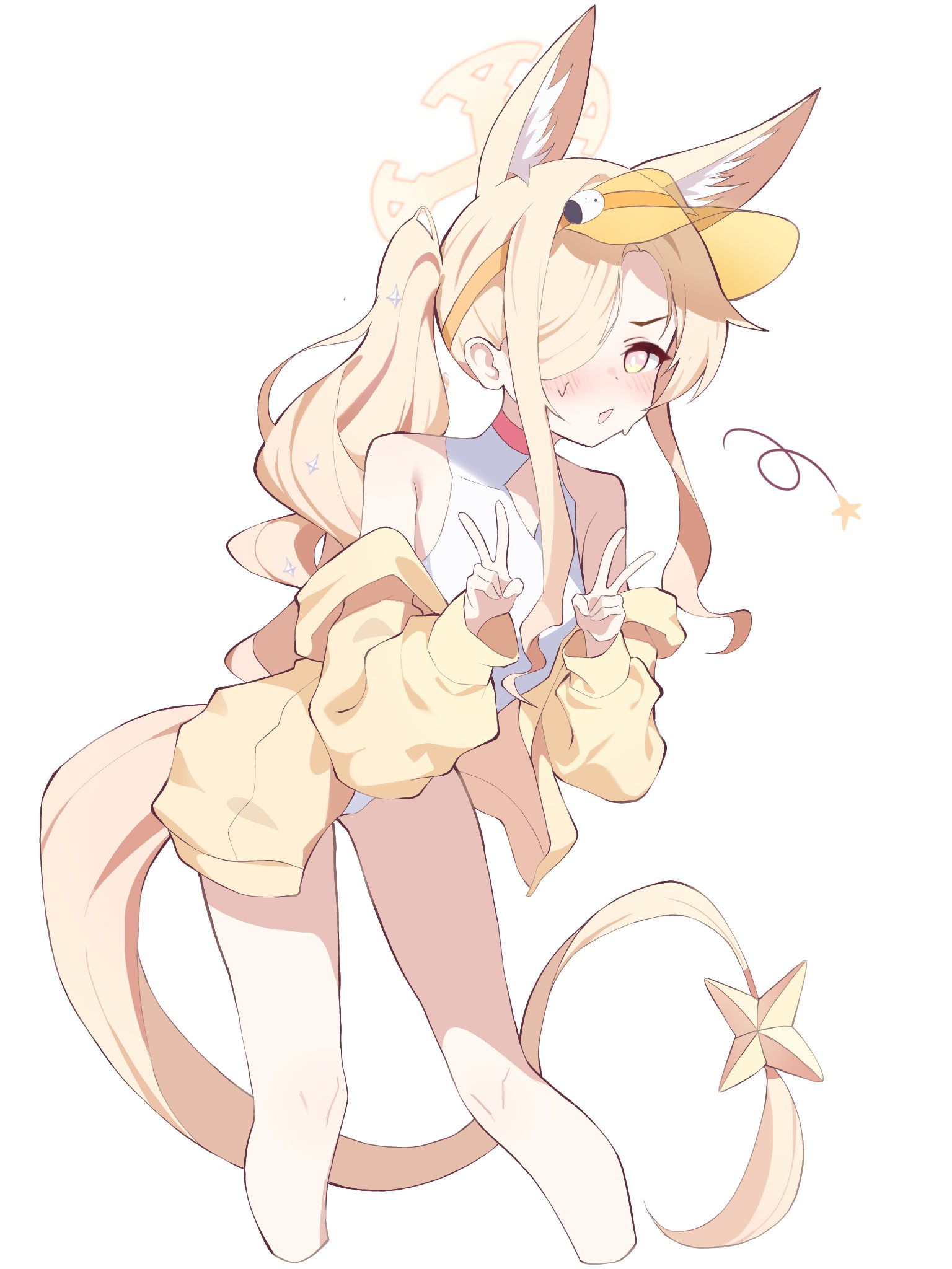 cardcat 00, seia (blue archive), seia (swimsuit) (blue archive), blue archive, hashtag-only commentary, highres, 1girl, alternate costume, animal ears, bare shoulders, blonde hair, blush, casual one-piece swimsuit, cropped legs, double v, extra ears, fox ears, fox girl, fox tail, hair over one eye, halo, hat, jacket, long hair, looking at viewer, one-piece swimsuit, open clothes, open mouth, simple background, solo, swimsuit, tail, v, visor cap, white background, white one-piece swimsuit, yellow eyes, yellow hat, yellow jacket