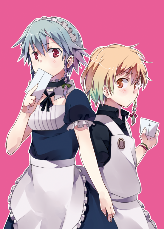 kimino tomonari, izayoi sakuya, kirisame marisa, touhou, bad id, bad pixiv id, 2girls, braid, dress, female focus, hairband, maid, multiple girls, short hair, simple background