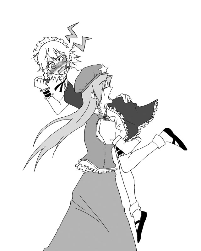 kondou (acid), hong meiling, izayoi sakuya, embodiment of scarlet devil, touhou, artist request, bad id, bad pixiv id, 2girls, blush, female focus, greyscale, hat, maid, monochrome, multiple girls, profile, simple background, skirt, take it home, white background