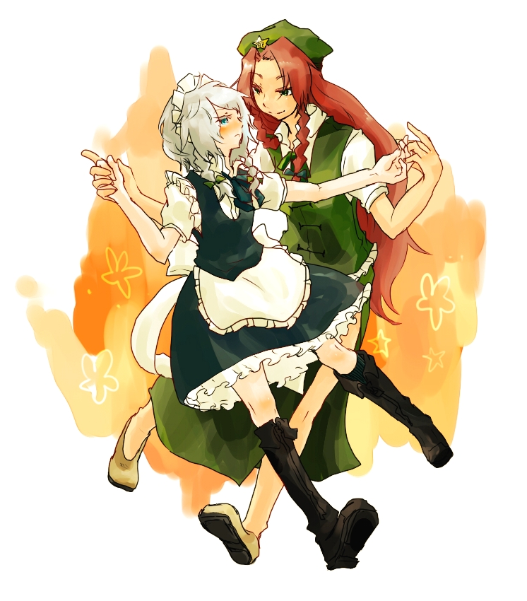 kurau kii, hong meiling, izayoi sakuya, embodiment of scarlet devil, touhou, bad id, bad pixiv id, 2girls, blush, braid, female focus, maid, multiple girls, skirt, twin braids, white background