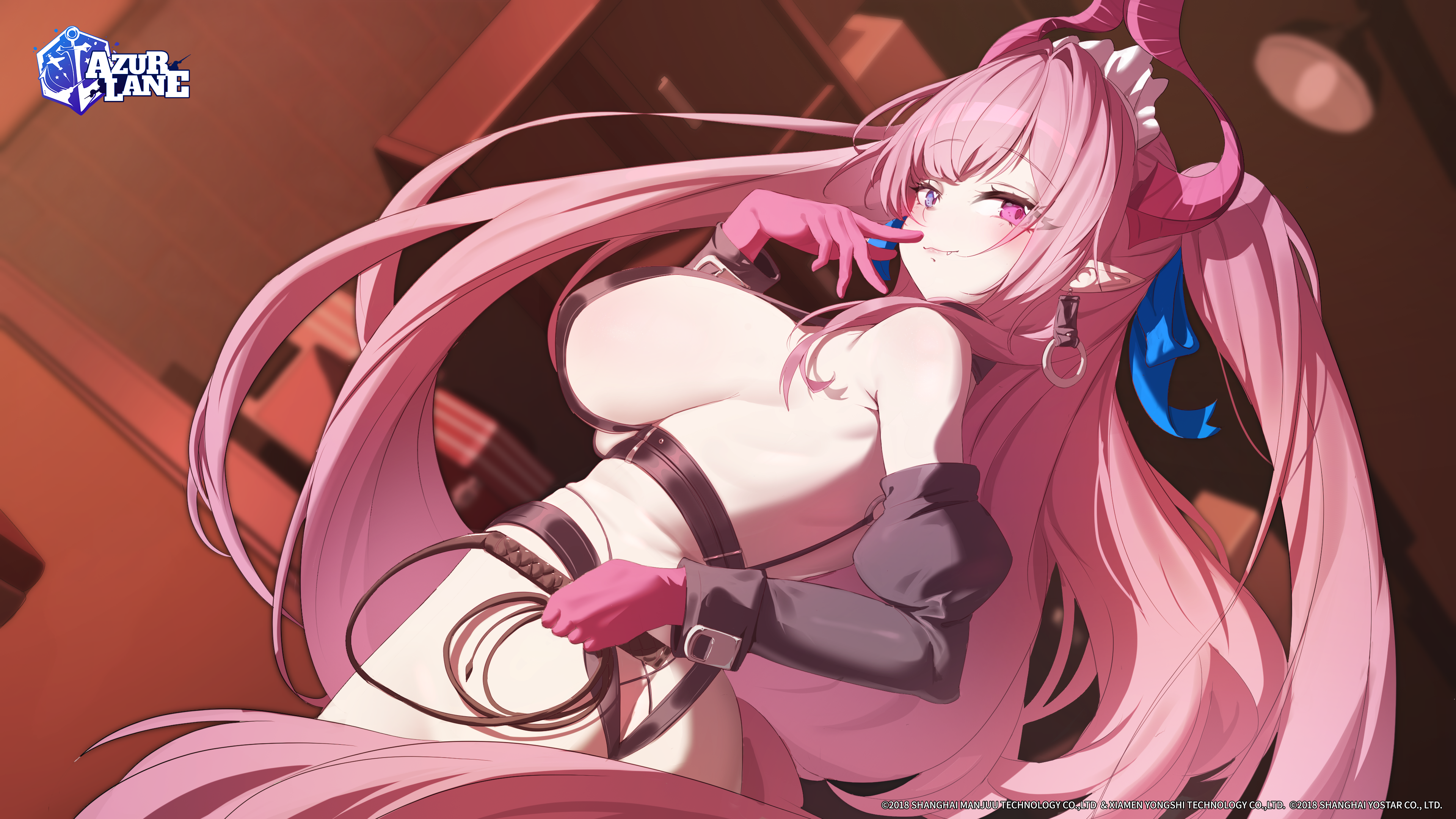 yuyiosang, mecklenburg (azur lane), azur lane, absurdres, commentary request, highres, official art, 1girl, bare shoulders, blue eyes, breasts, chocolate, demon horns, detached sleeves, earrings, fang, from side, gloves, heart, heterochromia, holding, holding whip, horns, jewelry, large breasts, light smile, long hair, looking at viewer, mecklenburg (branding witchcraft) (azur lane), official alternate costume, pink eyes, pink gloves, pink hair, pointy ears, sideboob, sidelocks, solo, very long hair