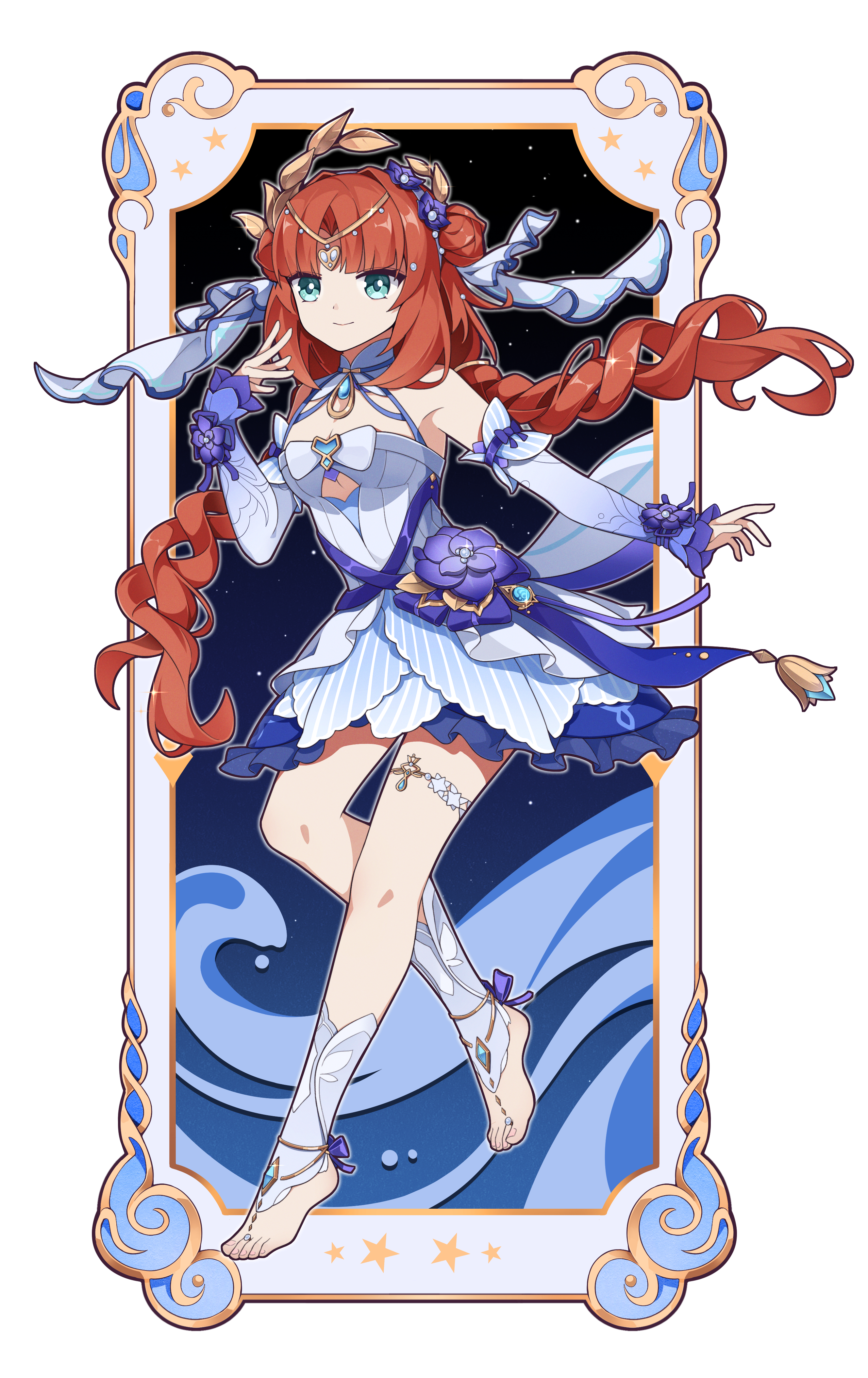 ccc, nilou (breeze of sabaa) (genshin impact), nilou (genshin impact), genshin impact, highres, huge filesize, 1girl, arabian clothes, armpit crease, bare shoulders, barefoot sandals (jewelry), blue eyes, blunt bangs, braid, breasts, center opening, chest jewel, cleavage, collar, collarbone, detached sleeves, double bun, dress, eyelashes, feet, feet up, female focus, flower, flower ornament, forehead jewel, frilled dress, frilled sleeves, frills, full body, hair bun, hair flower, hair ornament, hand up, happy, jewelry, knees, legs, long hair, looking at viewer, lots of jewelry, nail polish, no bra, official alternate costume, official alternate hairstyle, orange hair, outstretched arm, parted bangs, pink toenails, short dress, small breasts, smile, thighlet, thighs, tiara, tiptoes, toe ring, toenail polish, toenails, toes, twin braids, underboob, veil, very long hair, vision (genshin impact)