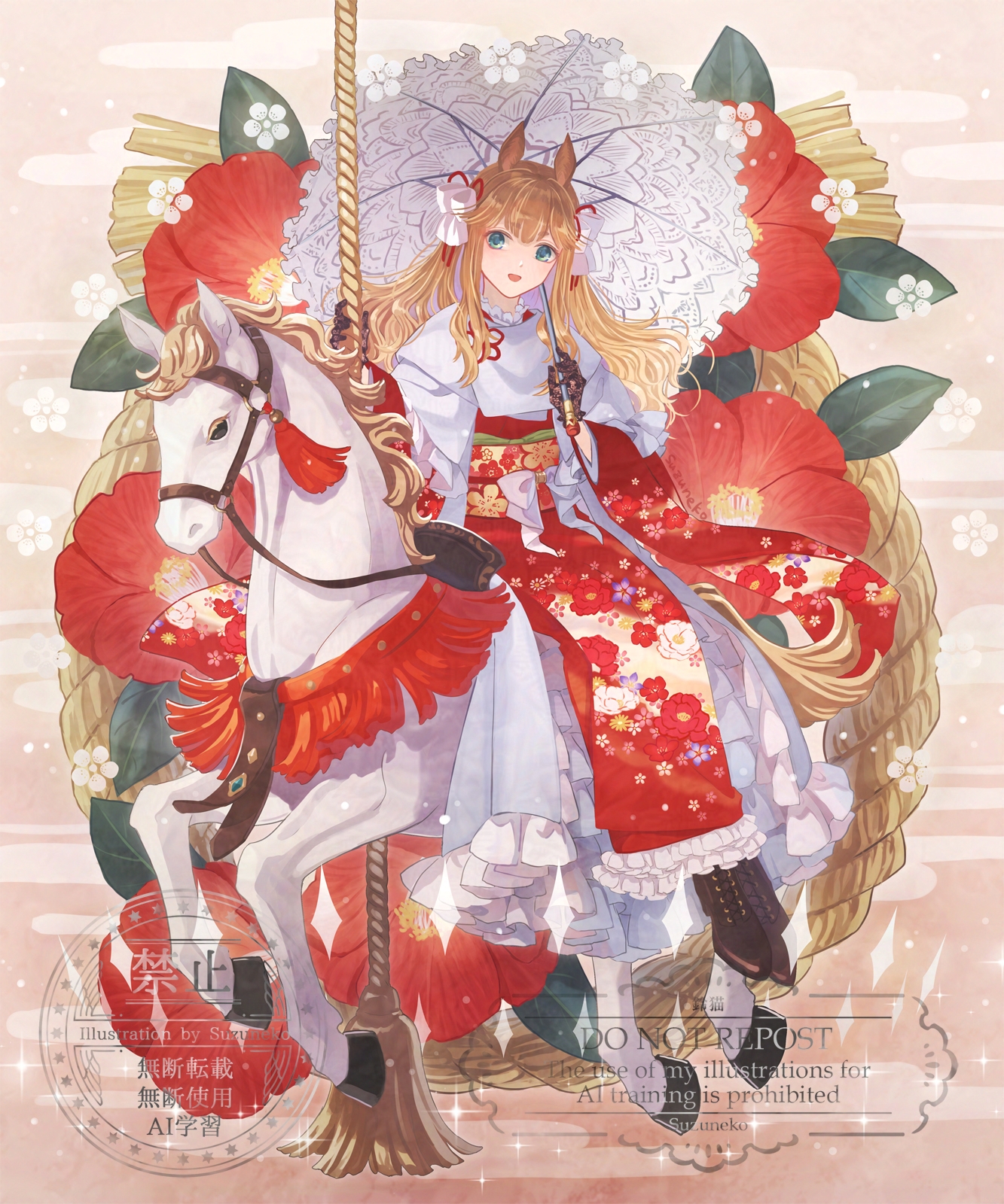 suzuneko-rin, original, commentary request, highres, 1girl, animal ears, blue eyes, bridle, brown gloves, brown shoes, egasumi, floral print, floral print kimono, flower, full body, gloves, holding, holding pole, holding umbrella, horse ears, horse girl, horse tail, horseback riding, japanese clothes, kimono, layered kimono, long hair, looking at viewer, open mouth, orange background, orange hair, parasol, pole, print kimono, red flower, red kimono, riding, scarf, shoes, sidesaddle, smile, solo, tail, umbrella, watermark, white horse, white scarf