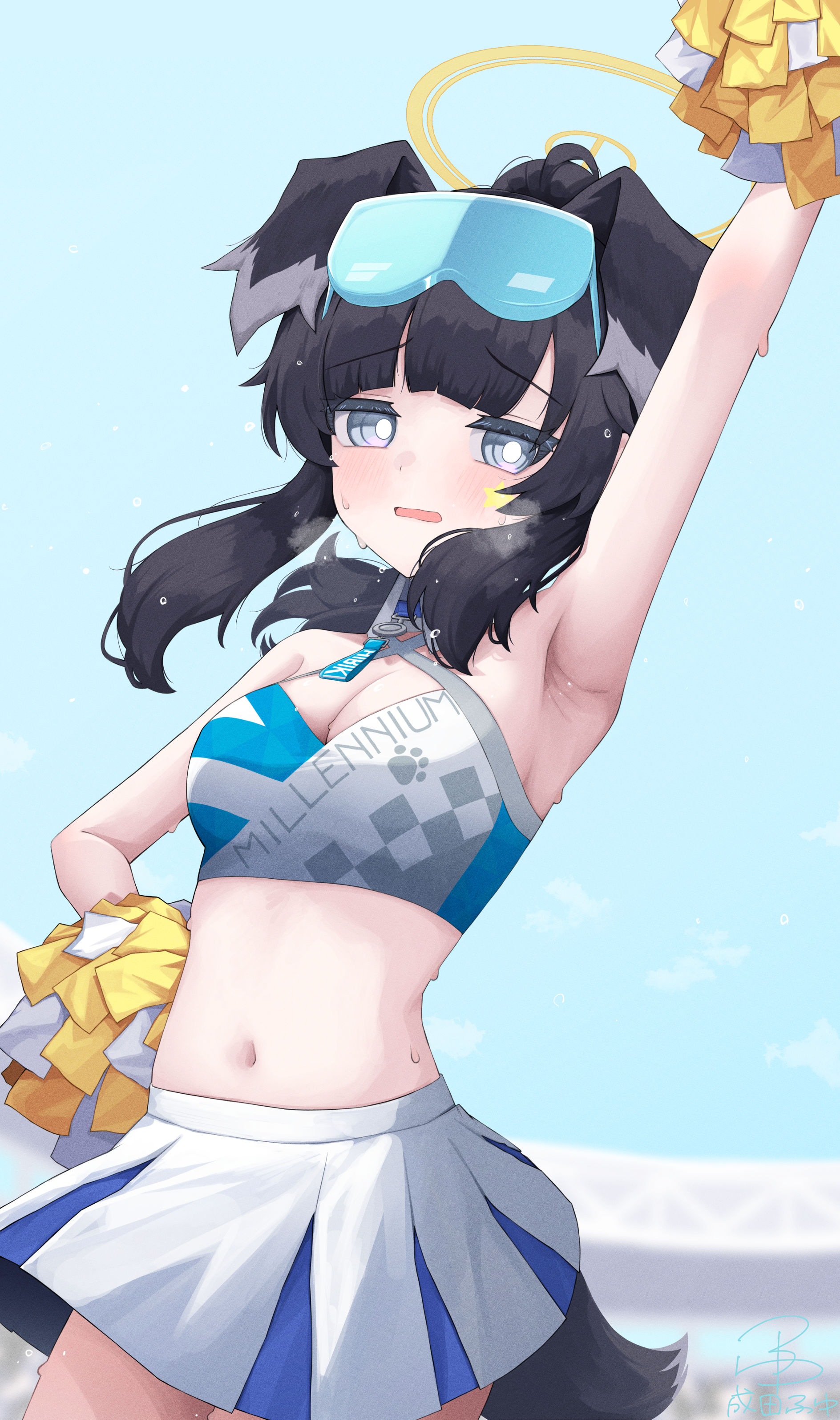 narita fuyu, hibiki (blue archive), hibiki (cheer squad) (blue archive), blue archive, absurdres, commentary request, highres, 1girl, animal ears, arm up, armpits, black hair, blue eyes, blush, breasts, cheerleader, dog ears, dog girl, dog tail, goggles, goggles on head, halo, holding, holding pom poms, long hair, looking at viewer, millennium cheerleader outfit (blue archive), navel, official alternate costume, open mouth, pom pom (cheerleading), pom poms, skirt, solo, star (symbol), star sticker, sticker, sticker on face, sweat, sweatdrop, tail, yellow halo