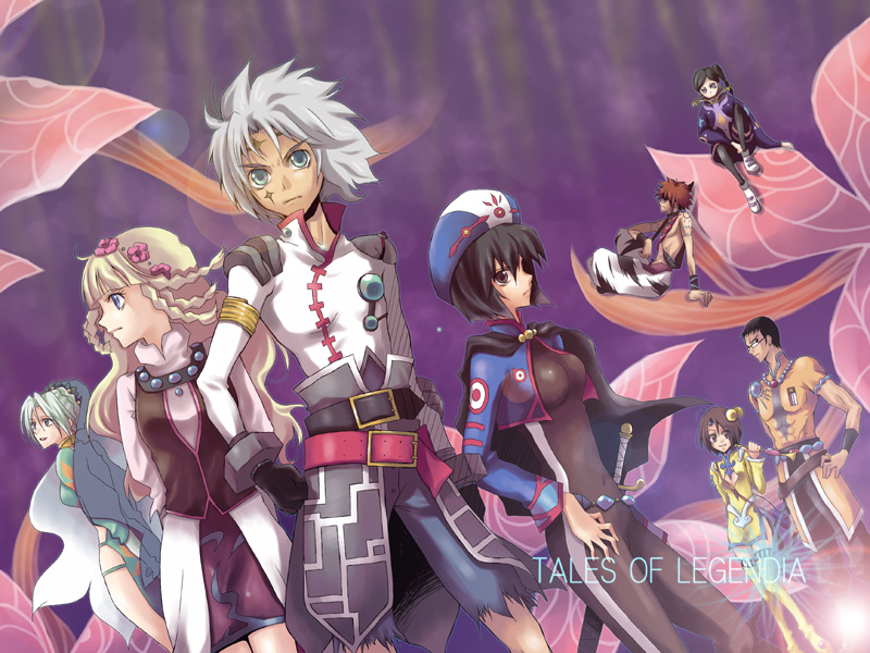 grune, chloe valens, grune (tales), jay (tales), moses sandor, norma beatty, senel coolidge, shirley fennes, will raynard, tales of (series), tales of legendia, 3boys, 5girls, black hair, blonde hair, blue eyes, bodysuit, breasts, brown hair, hair bobbles, hair ornament, hat, multiple boys, multiple girls, red hair, short hair, sword, torn clothes, weapon, white hair