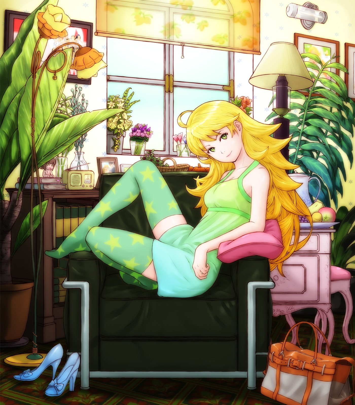 yorimitsu, hoshii miki, nonowa, producer (idolmaster), idolmaster, idolmaster (classic), bad id, bad pixiv id, highres, 00s, 1girl, ahoge, apple, bag, blonde hair, book, breasts, cleavage, female focus, flower, food, fruit, grapes, green eyes, high heels, long hair, mandarin orange, pear, photo (object), plant, pumpkin, radio, shoes, solo, thighhighs, zettai ryouiki