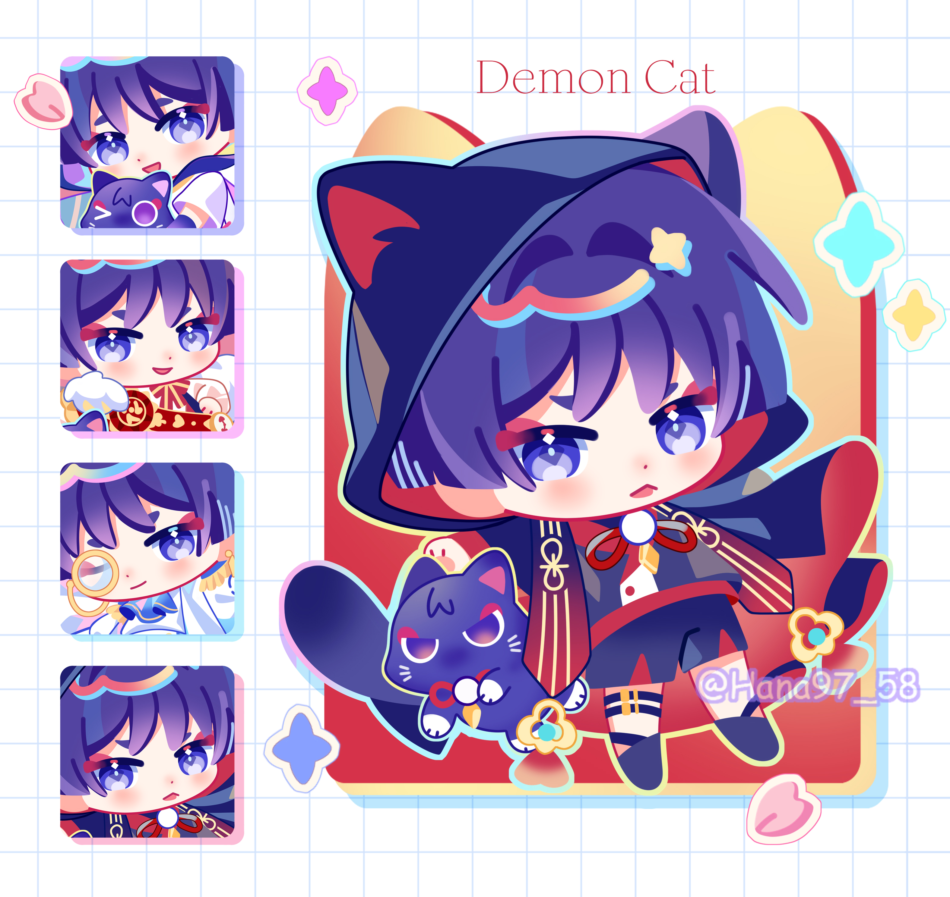 hana97 58, scaramouche (cat) (genshin impact), scaramouche (genshin impact), genshin impact, absurdres, commentary, english commentary, highres, > o, 1boy, animal hood, black cat, cat, chibi, english text, full body, hood, japanese clothes, looking at viewer, monocle, one eye closed, open mouth, purple eyes, purple hair, solo, tongue, tongue out