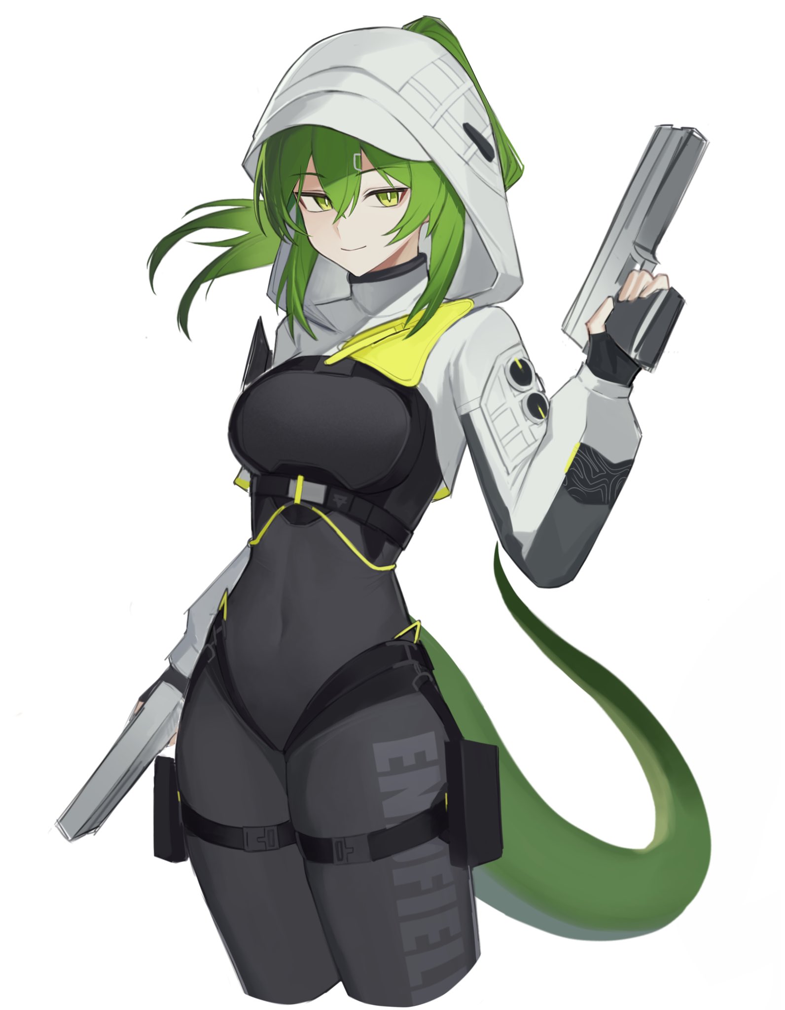 bajigurr, fluorite (arknights), arknights, arknights: endfield, commentary, english commentary, highres, 1girl, black bodysuit, black gloves, bodysuit, closed mouth, clothes writing, covered navel, cropped legs, dual wielding, fingerless gloves, gloves, green eyes, green hair, green tail, grey hood, gun, hair between eyes, hair ornament, hairclip, handgun, holding, hood, hood up, long hair, long sleeves, looking at viewer, simple background, smile, solo, standing, tail, thigh strap, weapon, white background