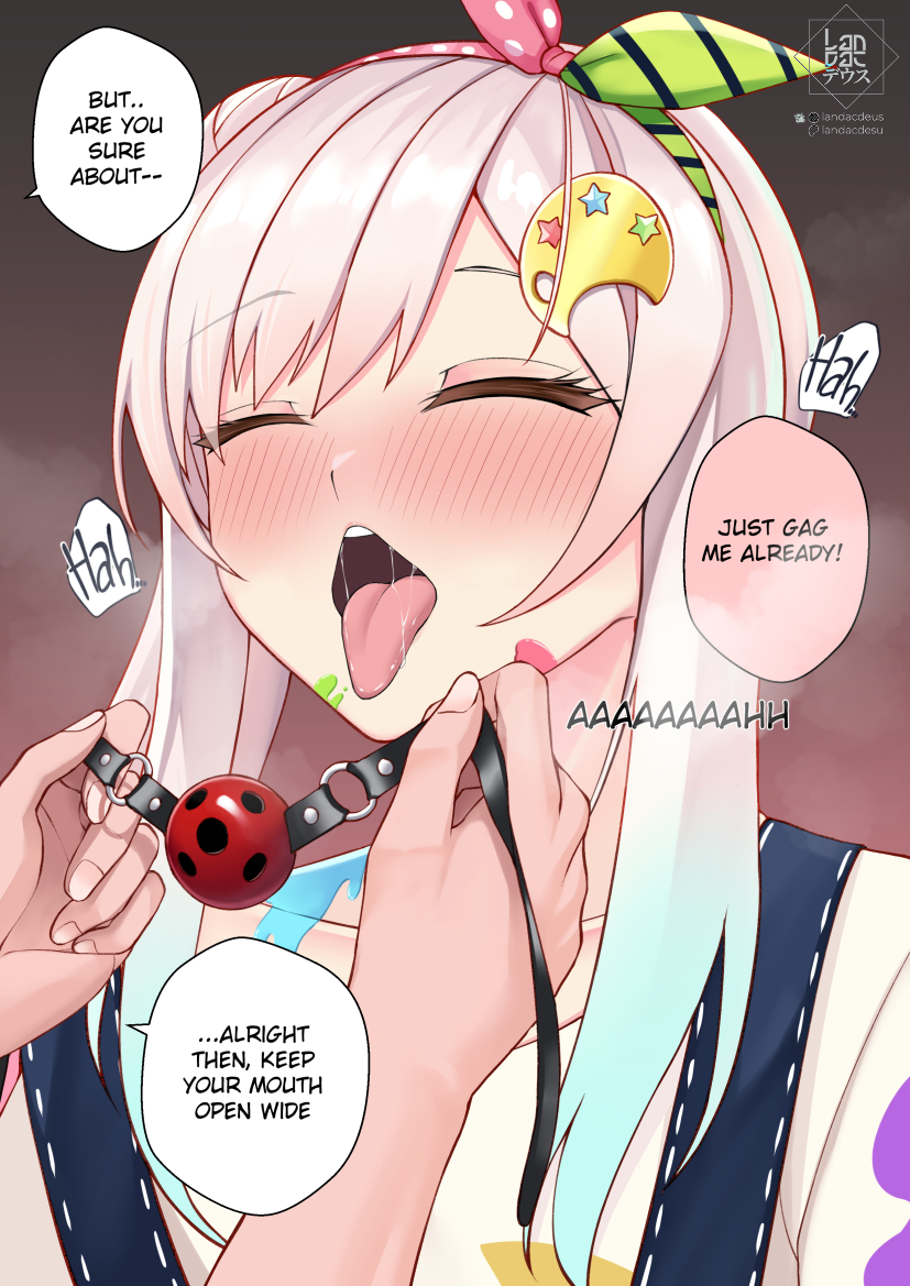 landacdeus, airani iofifteen, airani iofifteen (1st costume), hololive, hololive indonesia, paid reward available, 1girl, artist logo, ball gag, blue overalls, blush, closed eyes, collarbone, english text, gag, gradient hair, green ribbon, hair bun, hair ribbon, logo, long hair, multicolored hair, multicolored ribbon, open mouth, overalls, paint splatter, paint splatter on face, palette hair ornament, pink hair, pink ribbon, polka dot, polka dot ribbon, ribbon, speech bubble, striped ribbon, symbol in eye, tongue, tongue out, upper body, virtual youtuber