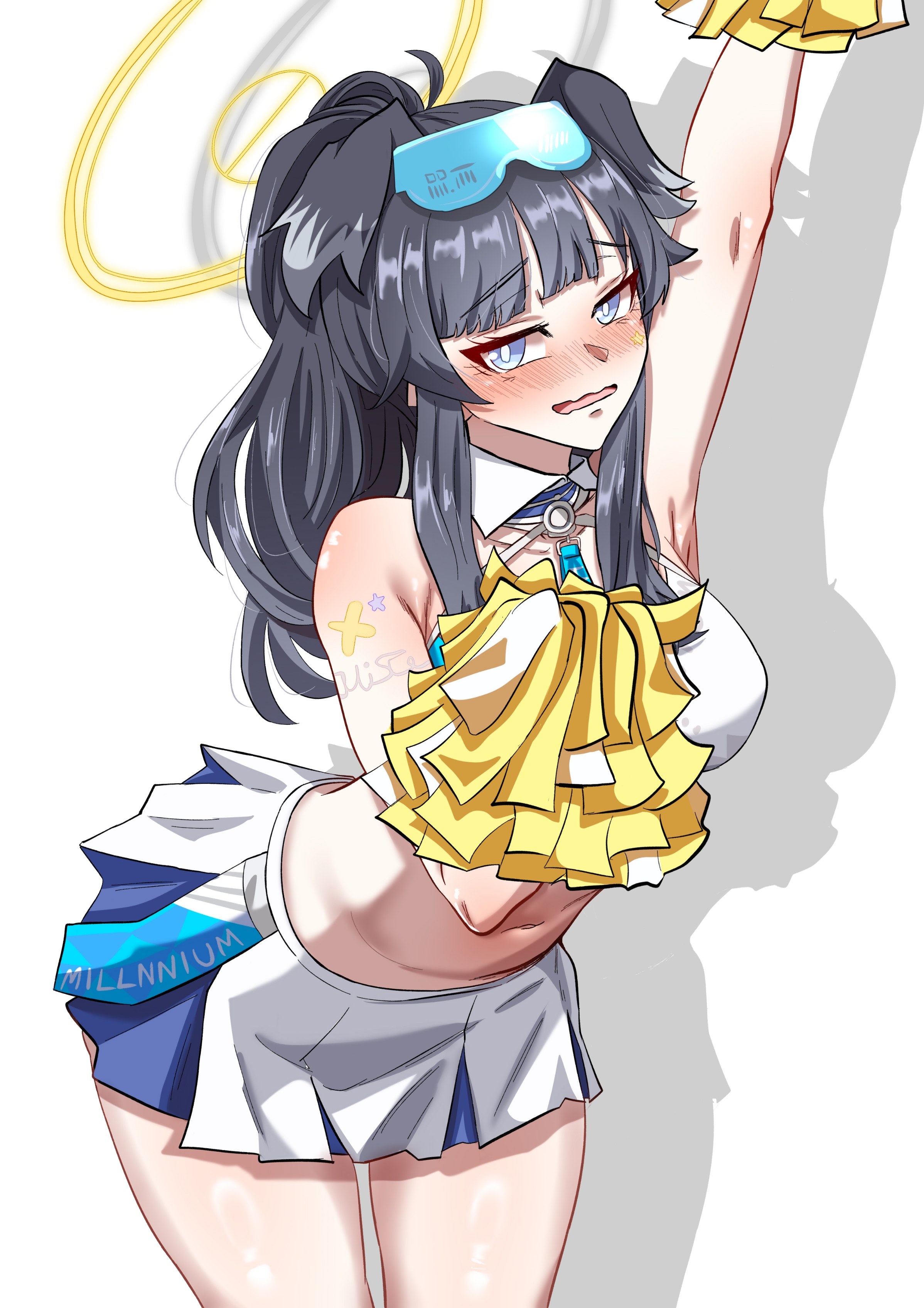 woo (woosan), hibiki (blue archive), hibiki (cheer squad) (blue archive), blue archive, absurdres, commentary request, highres, 1girl, animal ears, black hair, blue eyes, blush, cheerleader, dog ears, dog girl, dog tail, goggles, goggles on head, halo, holding, holding pom poms, long hair, looking at viewer, microskirt, millennium cheerleader outfit (blue archive), navel, official alternate costume, open mouth, pom pom (cheerleading), pom poms, simple background, skirt, solo, star (symbol), star sticker, sticker, sticker on arm, sticker on face, tail, white background, yellow halo