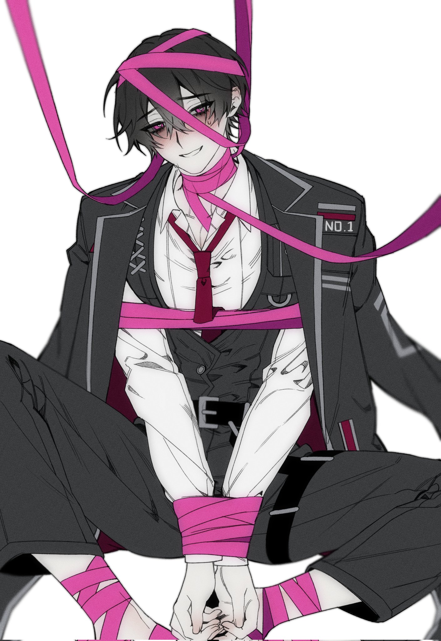 3cnfw, yi sang (project moon), limbus company, project moon, commentary request, corrupted twitter file, highres, korean commentary, 1boy, belt, bishounen, black hair, black suit, blush, bound, bound wrists, collared shirt, e.g.o (project moon), feet out of frame, formal clothes, full body, grin, hair between eyes, heart, heart-shaped pupils, looking at viewer, male focus, necktie, pink ribbon, red eyes, red necktie, ribbon, ribbon bondage, roseate desire (e.g.o), shirt, short hair, simple background, sitting, smile, solo, suit, symbol-shaped pupils, thigh strap, white background, white shirt