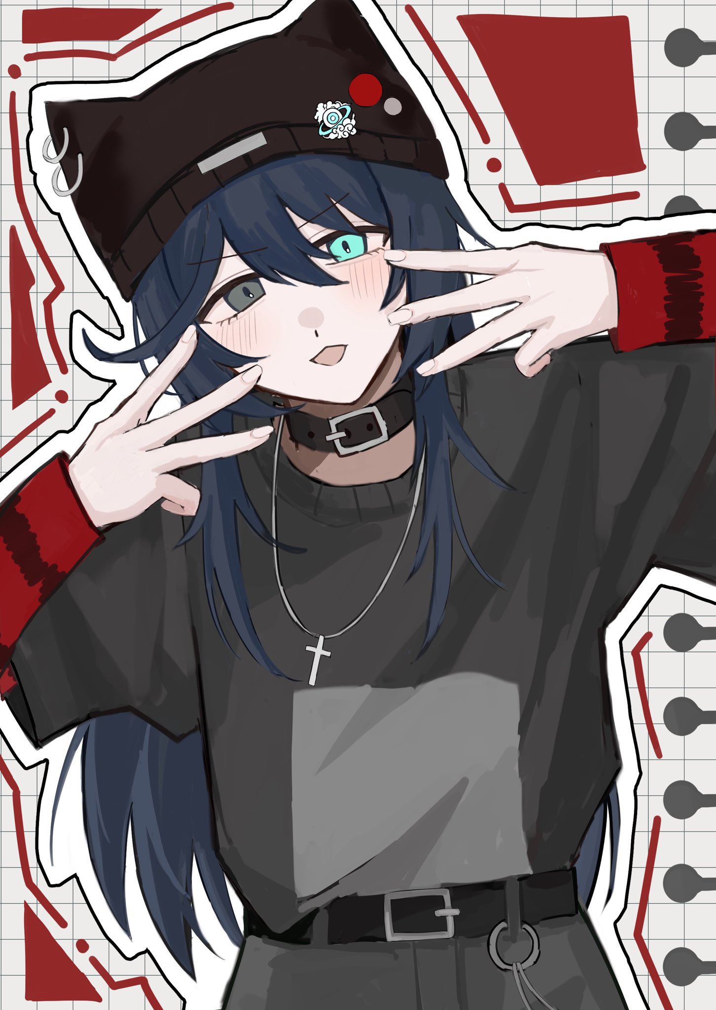 hong lu (project moon), limbus company, project moon, highres, 1boy, alternate costume, beanie, belt, black collar, black eyes, blue eyes, blue hair, collar, cowboy shot, cross, cross necklace, hat, heterochromia, jewelry, looking at viewer, necklace, open mouth, solo, to gano, upper body