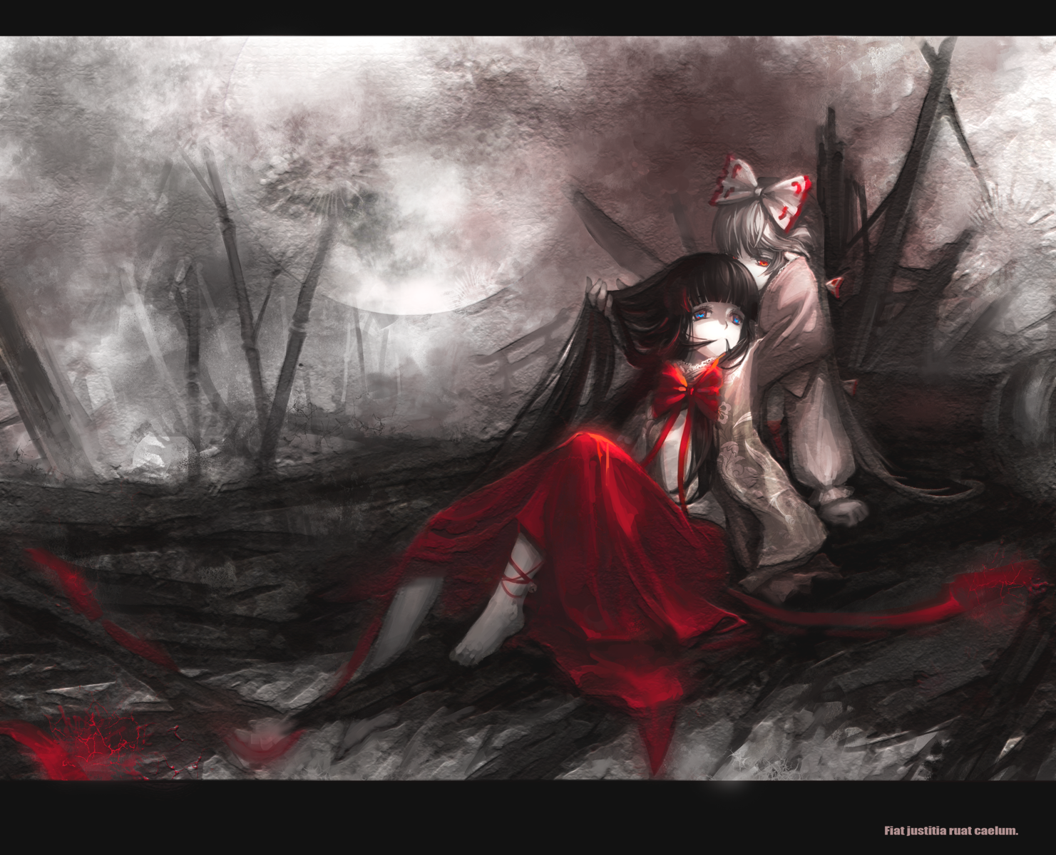 s.advent, fujiwara no mokou, houraisan kaguya, touhou, silver hair, highres, 2girls, barefoot, black hair, blue eyes, bow, female focus, hair bow, hair ribbon, hand in own hair, latin text, letterboxed, long hair, moon, multiple girls, red eyes, ribbon