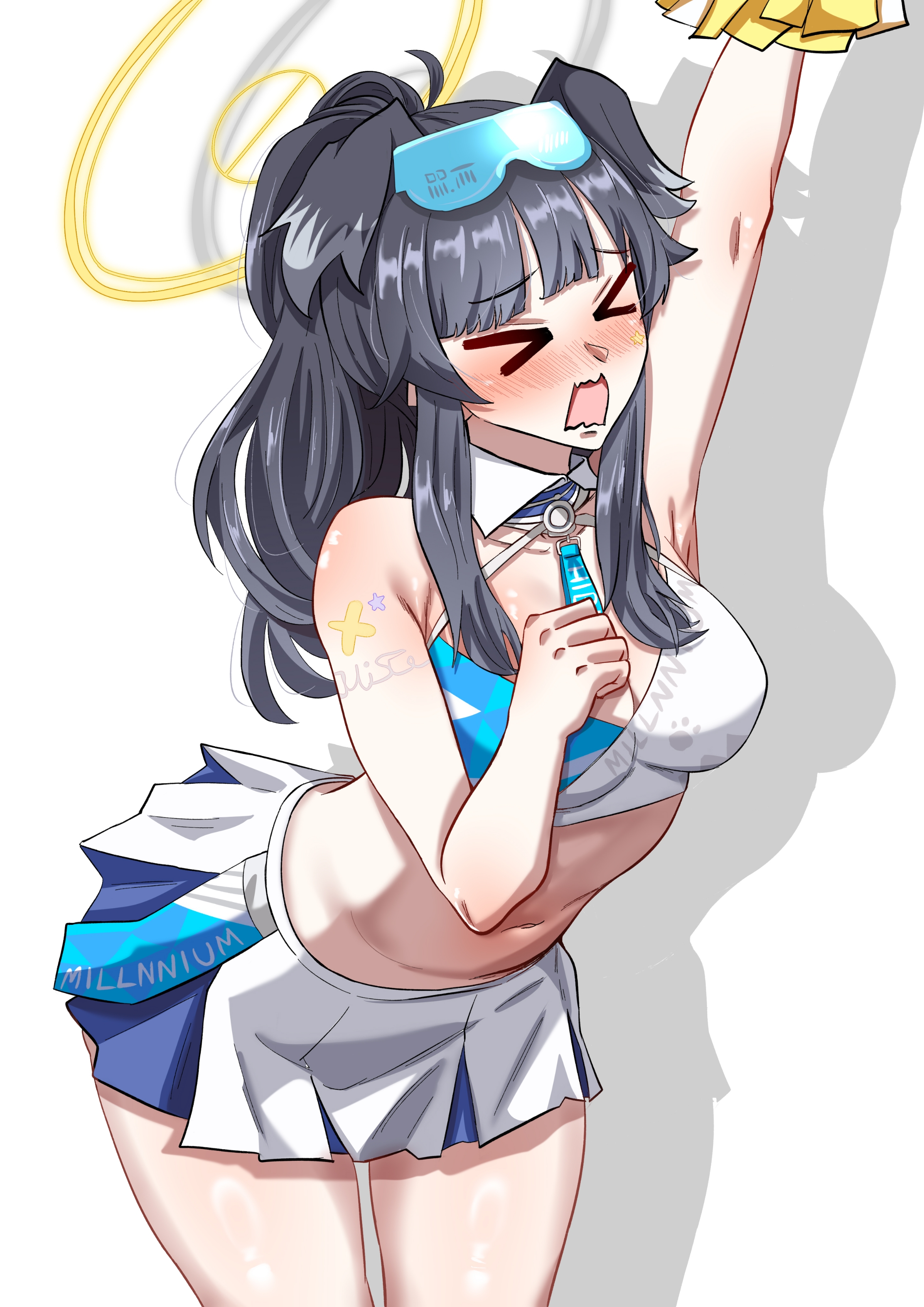 woo (woosan), hibiki (blue archive), hibiki (cheer squad) (blue archive), blue archive, absurdres, commentary request, highres, > <, 1girl, animal ears, black hair, blue eyes, blush, breasts, cheerleader, cleavage, dog ears, dog girl, dog tail, goggles, goggles on head, halo, holding, holding pom poms, long hair, looking at viewer, medium breasts, microskirt, millennium cheerleader outfit (blue archive), navel, official alternate costume, open mouth, pom pom (cheerleading), pom poms, simple background, skirt, solo, star (symbol), star sticker, sticker, sticker on arm, sticker on face, tail, white background, yellow halo