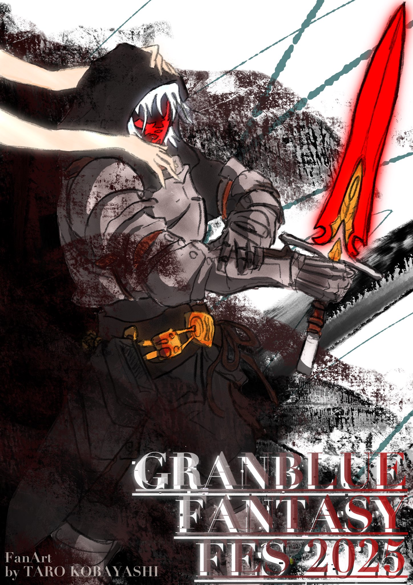gran (granblue fantasy), granblue fantasy, commentary request, highres, 1boy, armor, aura, english text, gran (granblue fantasy) (phantom), hood, kobayashi taro (artist), mask, solo focus, sword, weapon, white hair