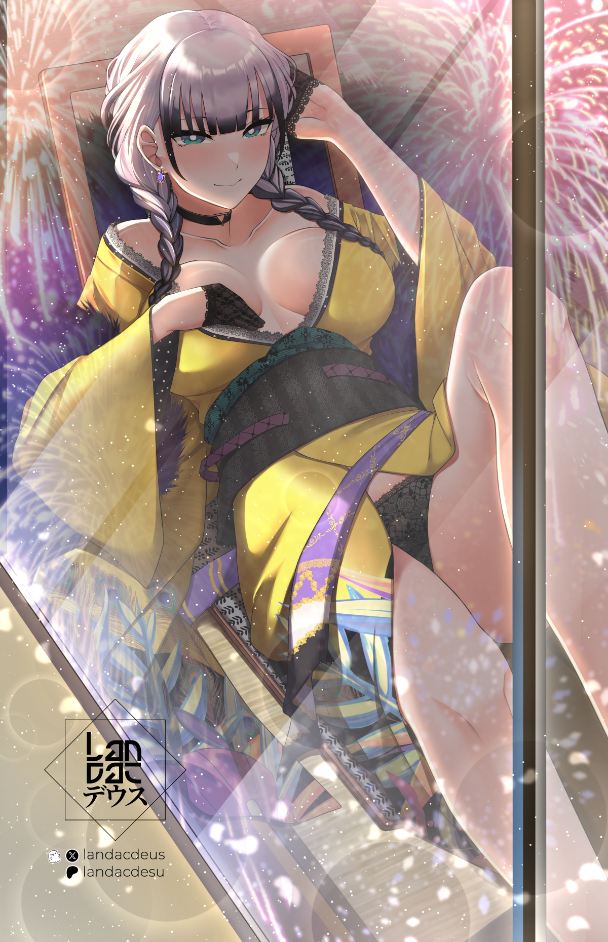 landacdeus, pavolia reine, pavolia reine (new year), hololive, hololive indonesia, commentary, english commentary, highres, 1girl, artist logo, bare legs, black choker, black gloves, black hair, black panties, black sash, blue eyes, braid, breasts, bright pupils, choker, closed mouth, collarbone, earrings, fireworks, gloves, grey hair, half gloves, japanese clothes, jewelry, kimono, large breasts, logo, obi, panties, patreon username, sash, solo, twin braids, twitter username, underwear, virtual youtuber, white pupils, wide sleeves, yellow kimono