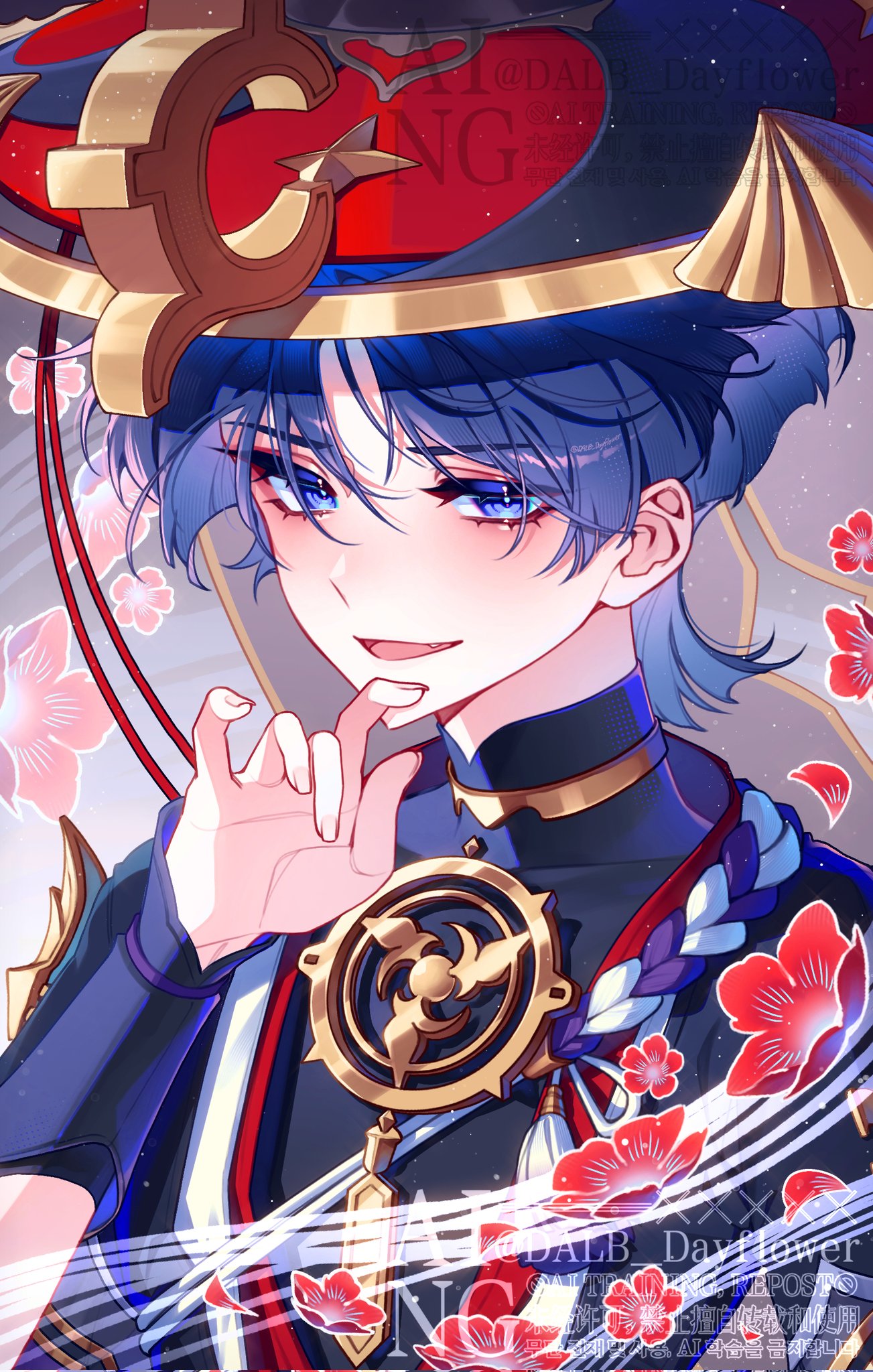 dalb dayflower, scaramouche (genshin impact), genshin impact, commentary, english commentary, highres, 1boy, bishounen, blush, cherry blossoms, flower, hat, japanese clothes, male focus, open mouth, purple eyes, purple hair, red flower, short hair, solo, upper body
