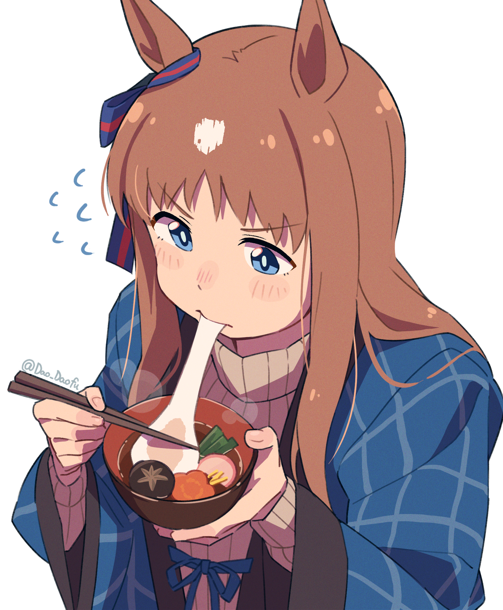 teddy (takarada), grass wonder (umamusume), umamusume, commentary request, highres, 1girl, animal ears, blue eyes, blue ribbon, bow, bowl, brown hair, chopsticks, ear ribbon, eating, food, holding, holding bowl, holding chopsticks, horse ears, horse girl, long hair, new year, noodles, ribbon, simple background, solo, sweater, udon, white background, white sweater