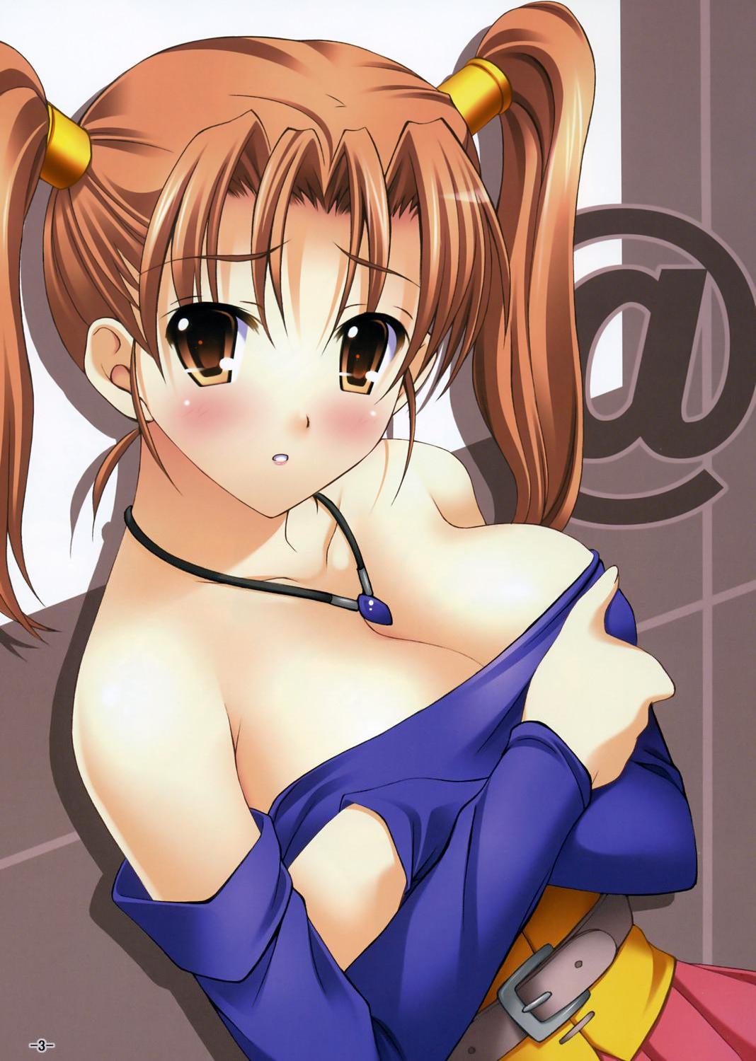 mizuhara yuu, jessica albert, dragon quest, dragon quest viii, square enix, highres, scan, 1girl, against wall, bare shoulders, belt, blush, breasts, brown eyes, brown hair, cleavage, crossed arms, detached sleeves, dress, female focus, jewelry, large breasts, matching hair/eyes, necklace, orange eyes, orange hair, purple shirt, shirt, solo, strapless, strapless dress, twintails