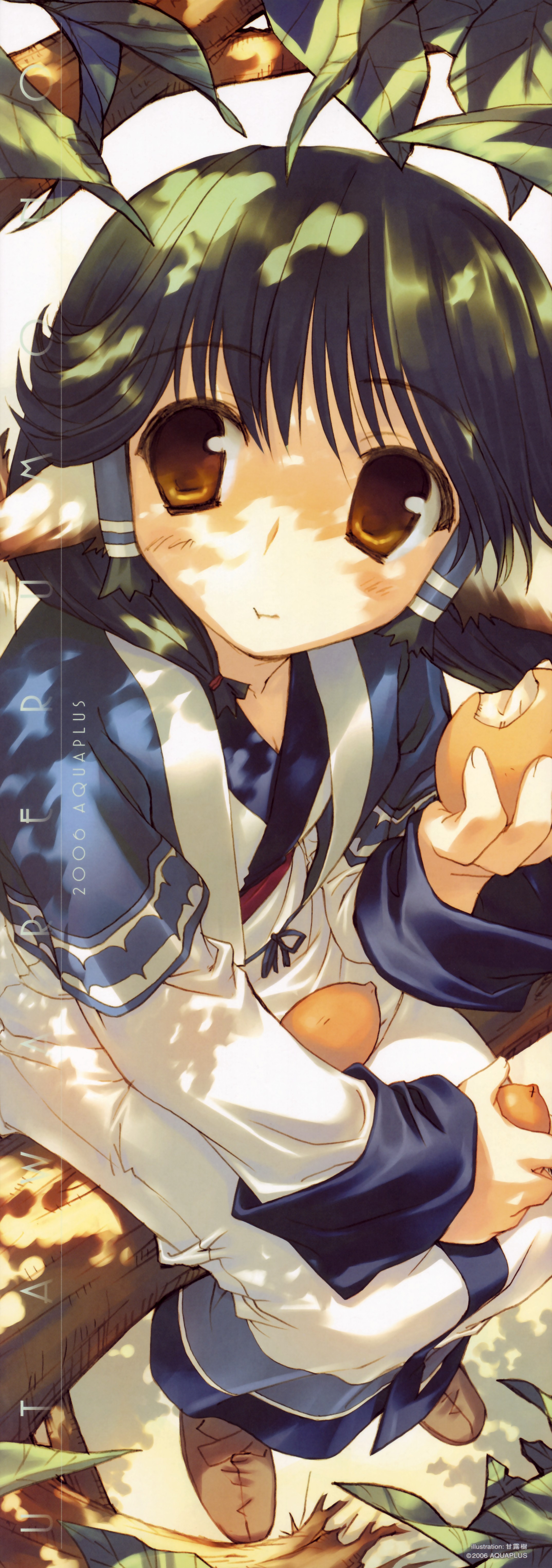 amazuyu tatsuki, harada takehito, aruruu, utawarerumono, absurdres, highres, long image, official art, scan, tall image, 00s, 1girl, :t, animal ears, artist name, black hair, brown eyes, company name, copyright name, dappled sunlight, dated, day, dog ears, dog tail, eating, female focus, flat chest, flipped hair, food, food bite, from above, fruit, hair over shoulder, hair tubes, holding, in tree, japanese clothes, kimono, leaf, light smile, long sleeves, looking at viewer, outdoors, scrunchie, shade, sitting, sitting in tree, sleeve cuffs, smile, solo, stick poster, sunlight, tail, tree, v