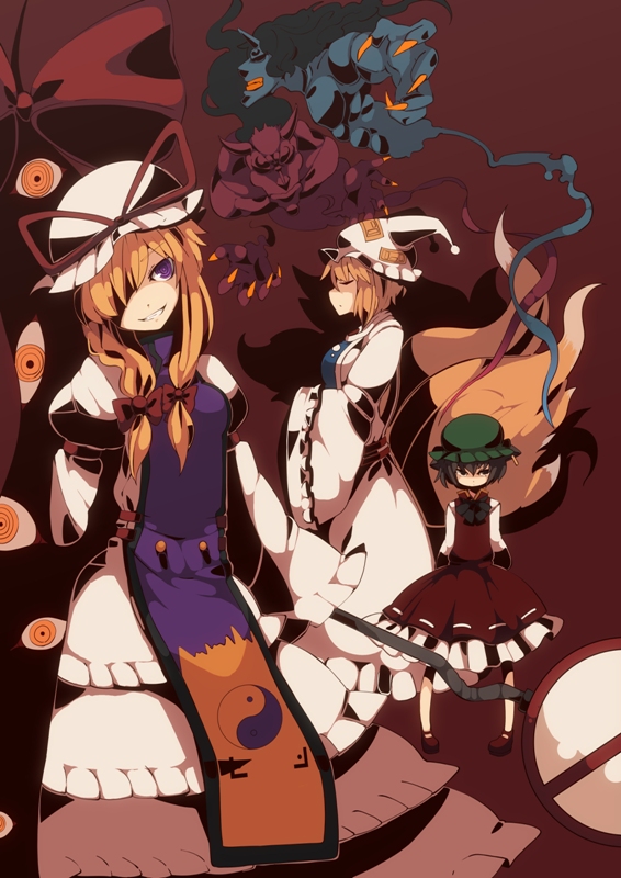 fuurin (omaemona), chen, yakumo ran, yakumo yukari, touhou, bad id, bad pixiv id, 3girls, blue oni, female focus, gap (touhou), multiple girls, oni, red oni