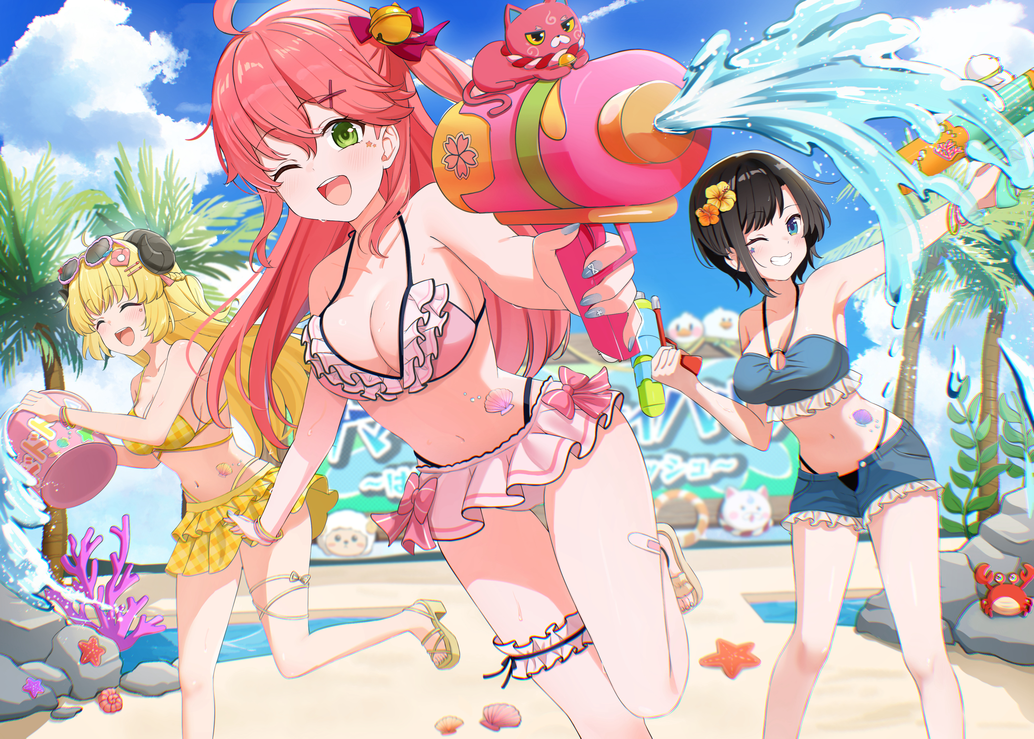 leo (f mmmnkm paint), oozora subaru, sakura miko, tsunomaki watame, hololive, holonatsu paradise, absurdres, commentary request, highres, 3girls, ahoge, arm up, armpits, bare shoulders, bikini, bikini bottom under shorts, bikini skirt, bikini under clothes, black hair, blonde hair, blue bikini, blush, breasts, bucket, closed eyes, collarbone, eyewear on head, flower, frilled thigh strap, green eyes, hair flower, hair ornament, holding, holding bucket, holding water gun, horns, long hair, looking at viewer, medium breasts, multiple girls, navel, one eye closed, open mouth, pink bikini, pink hair, sandals, shorts, smile, standing, standing on one leg, stomach, swimsuit, thigh strap, virtual youtuber, water gun, yellow bikini