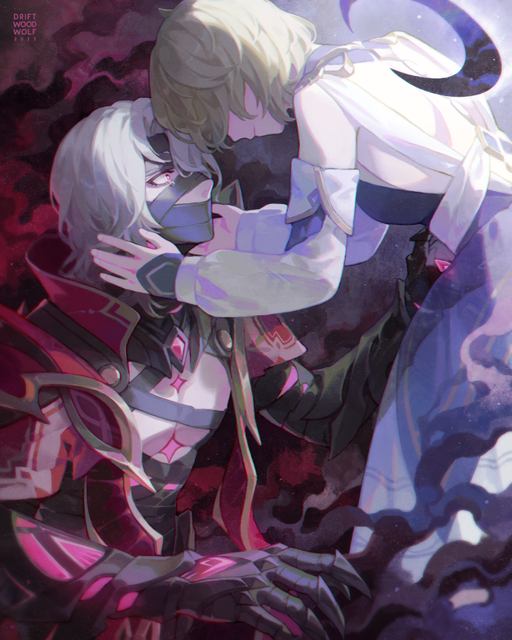driftwoodwolf, rerir (genshin impact), tholindis (genshin impact), genshin impact, commentary, english commentary, 1boy, 1girl, artist name, bandaged head, bandages, bare shoulders, black gloves, blonde hair, closed mouth, dated, detached sleeves, dress, gloves, jacket, long sleeves, open clothes, open jacket, parted bangs, red eyes, red jacket, short hair, sleeveless, sleeveless dress, white dress, white hair, white sleeves