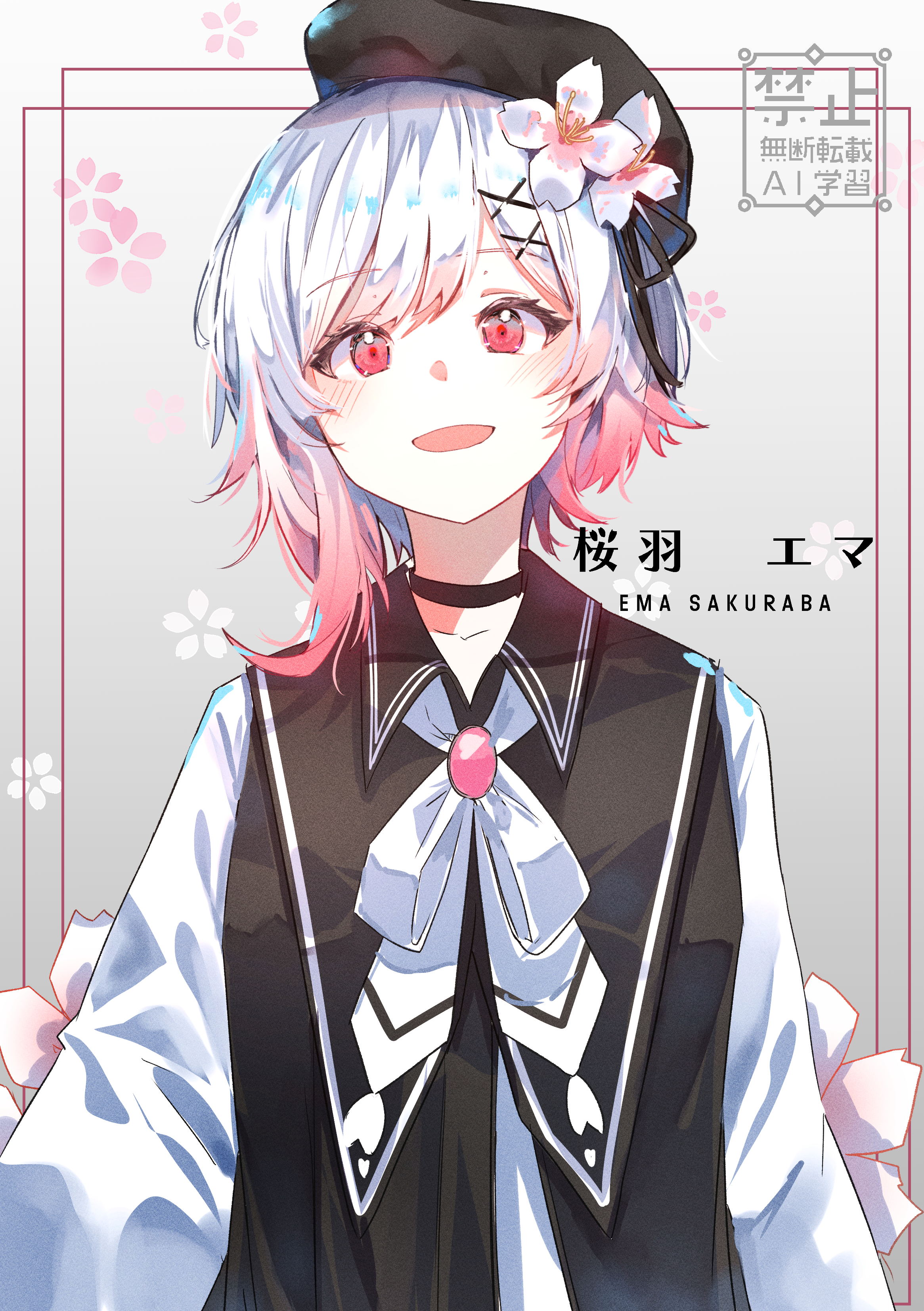 outofthehold, sakuraba ema, mahou shoujo no majo saiban, absurdres, commentary request, highres, 1girl, :d, beret, black choker, black hat, character name, cherry blossoms, choker, floral background, flower, gradient hair, grey background, hair flower, hair ornament, hat, long sleeves, looking at viewer, multicolored hair, neck ribbon, open mouth, pink eyes, pink hair, ribbon, short hair, smile, solo, upper body, white flower, white hair, white ribbon, x hair ornament