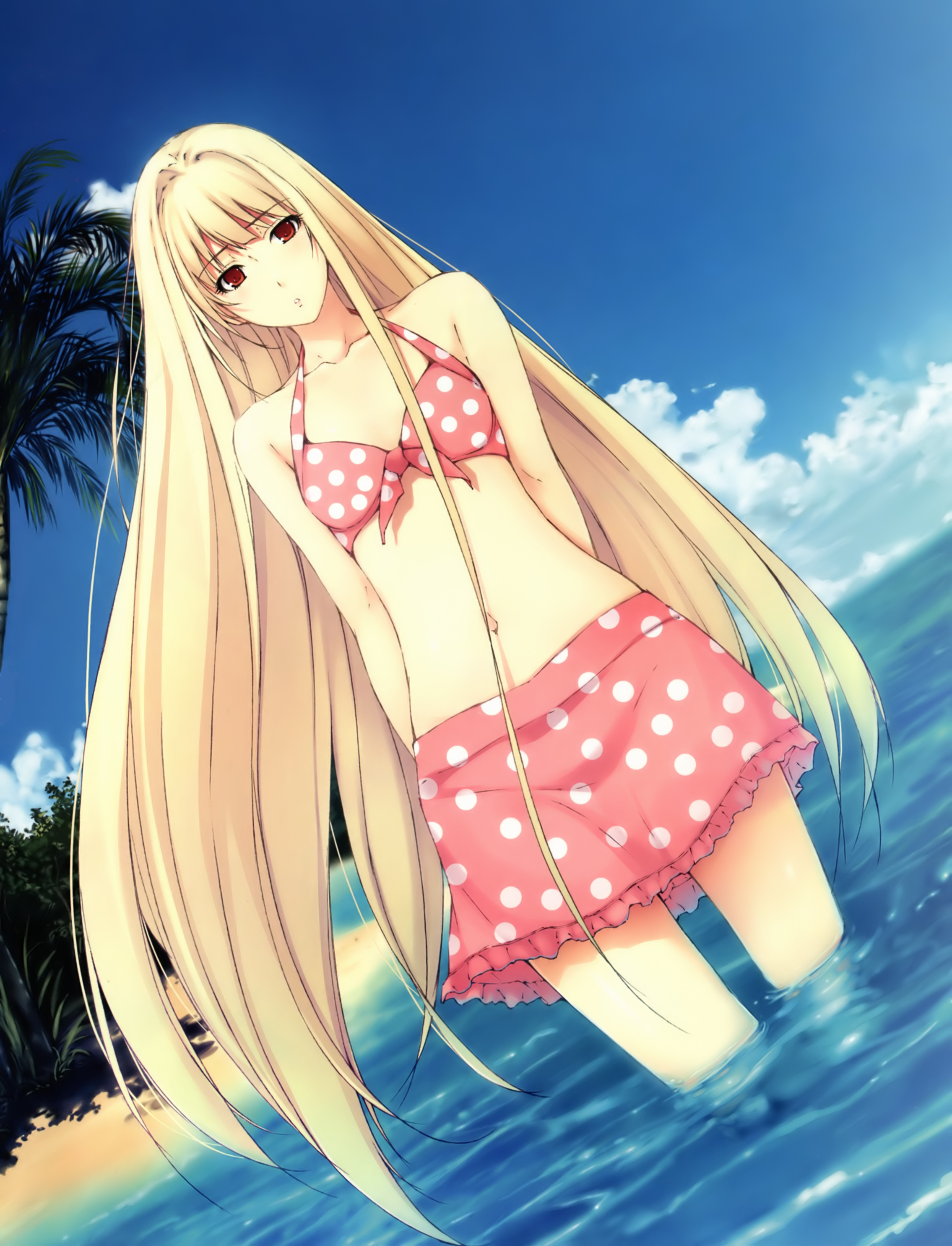 sugina miki, nanatsuki shion, caucasus, caucasus nanatsuki no nie, innocent grey, absurdres, highres, 1girl, beach, bikini, bikini skirt, blonde hair, day, dutch angle, female focus, front-tie top, long hair, navel, ocean, outdoors, sky, solo, swimsuit, very long hair, wading, water